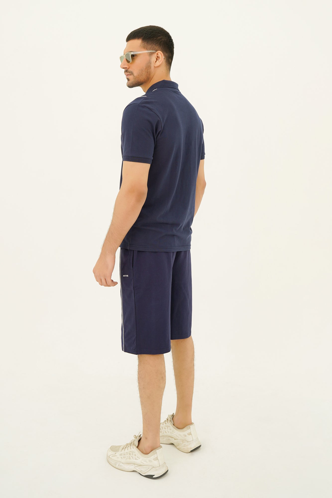 Navy Blue Piping Stripe Short Set