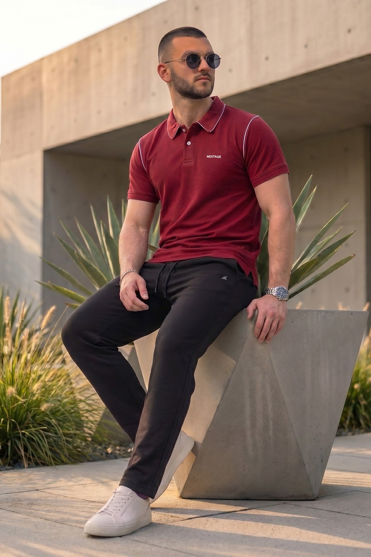 Nextage Maroon Piping Pique Polo Set