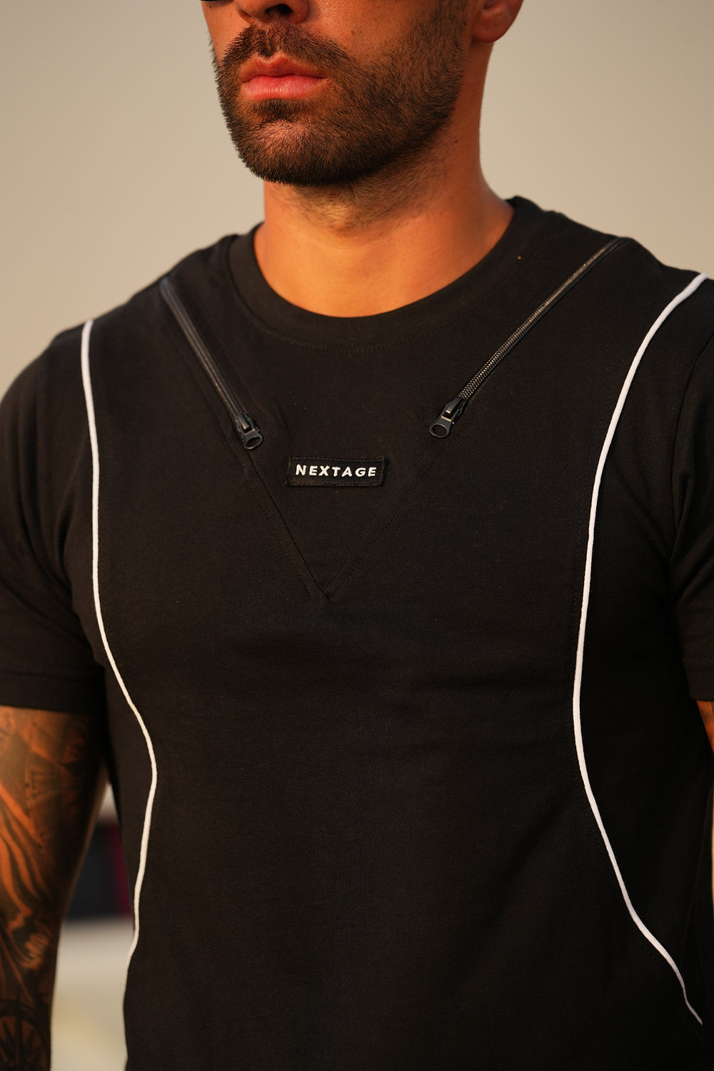 Nextage Black V Zipper Piping Detail Shirt
