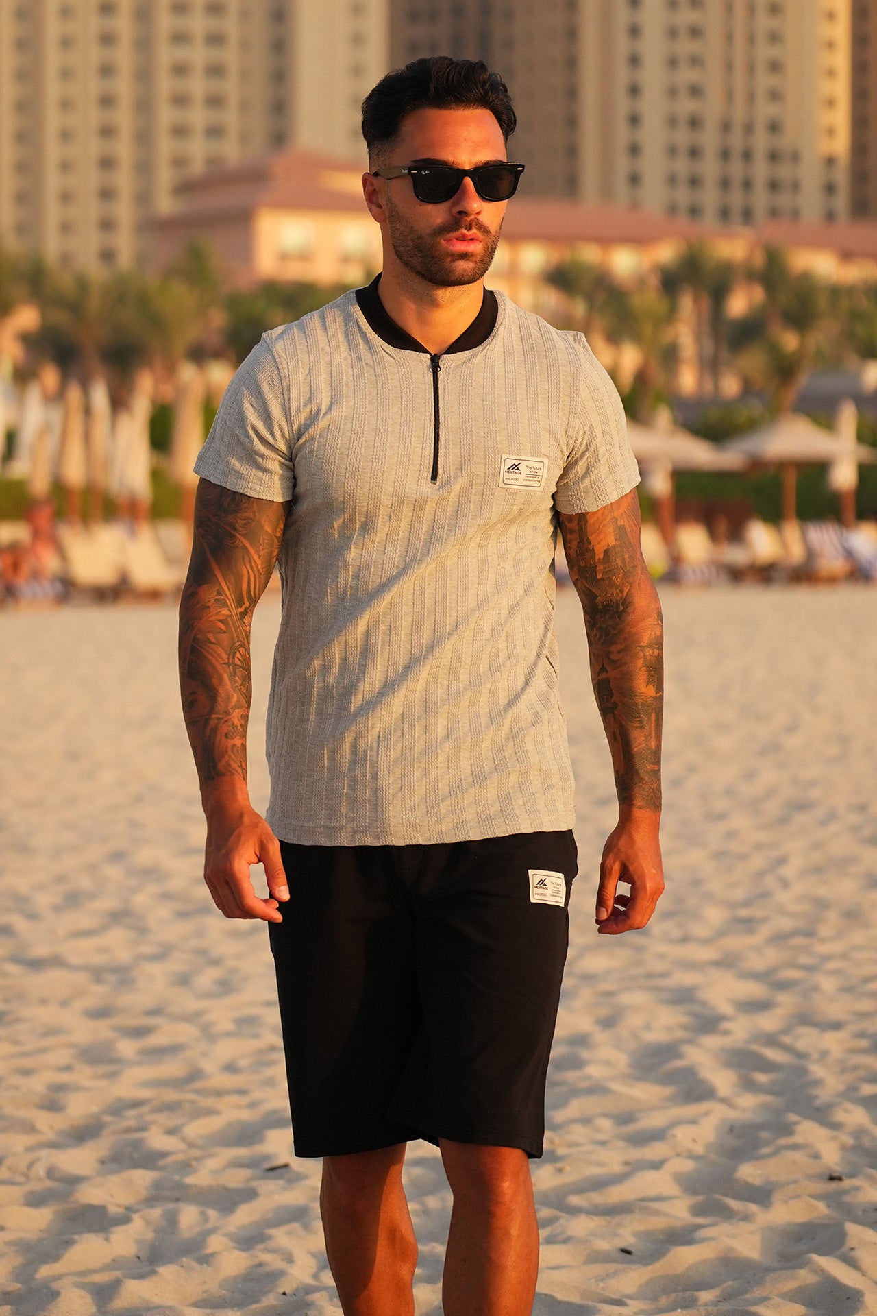 Nextage Jacquard Textured Grey Marl Zipper Short Set