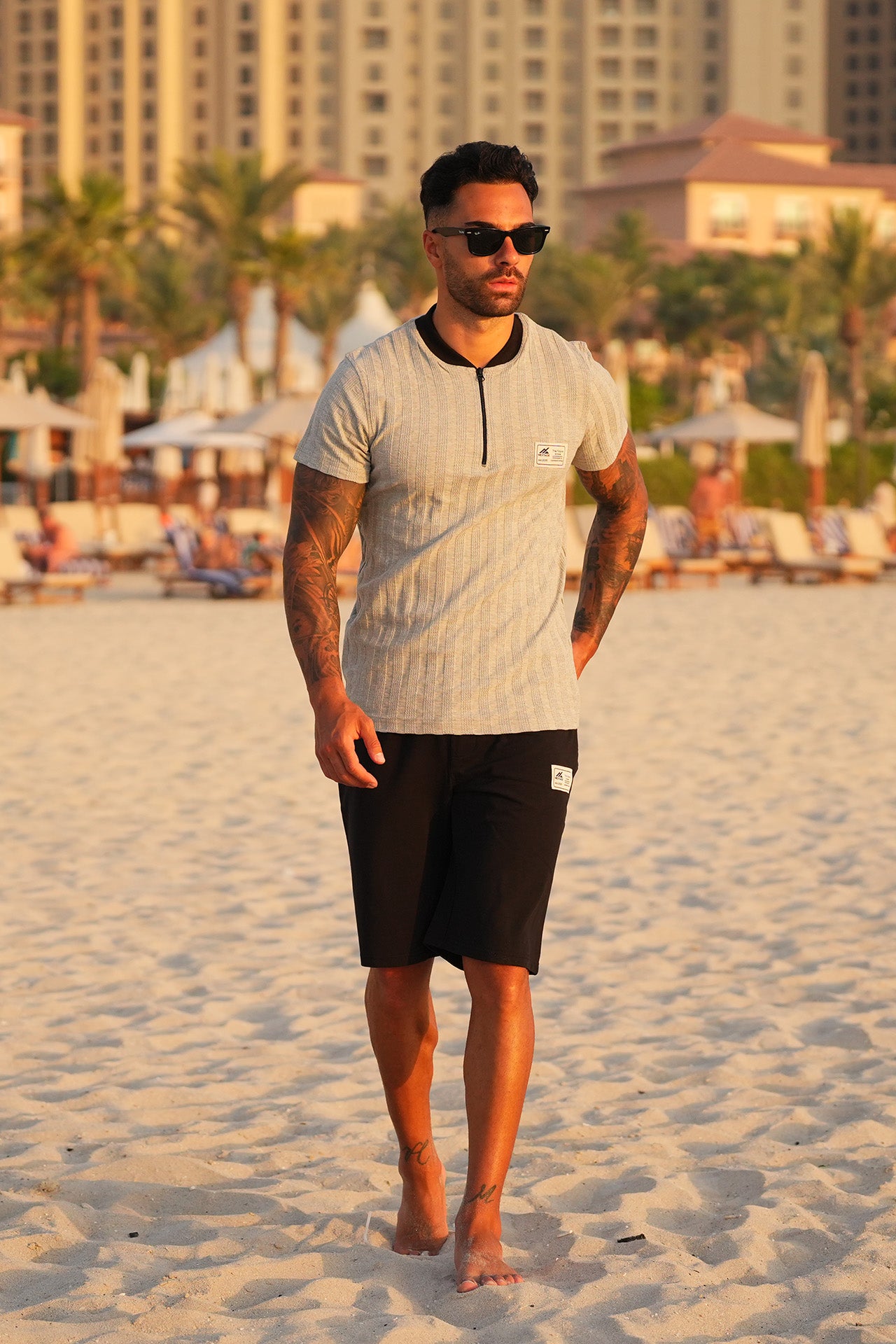 Nextage Jacquard Textured Grey Marl Zipper Short Set