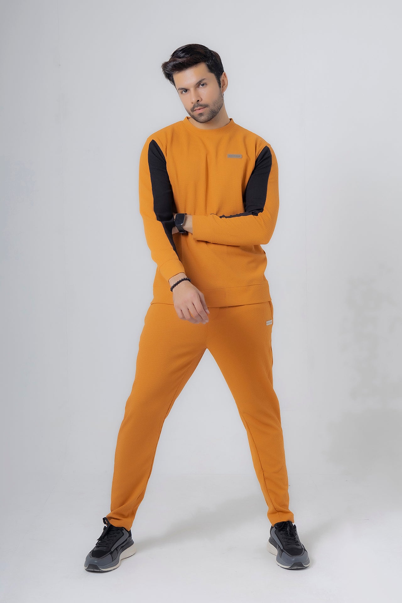 Nextage Tan Textured Metal Slogan Slim Fit Tracksuit