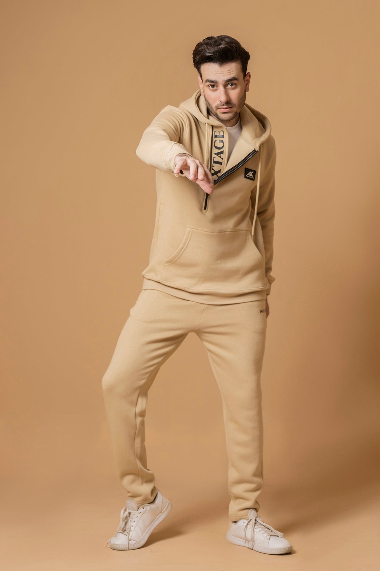 Oatmeal Unique Zipper Slogan Hooded Tracksuit