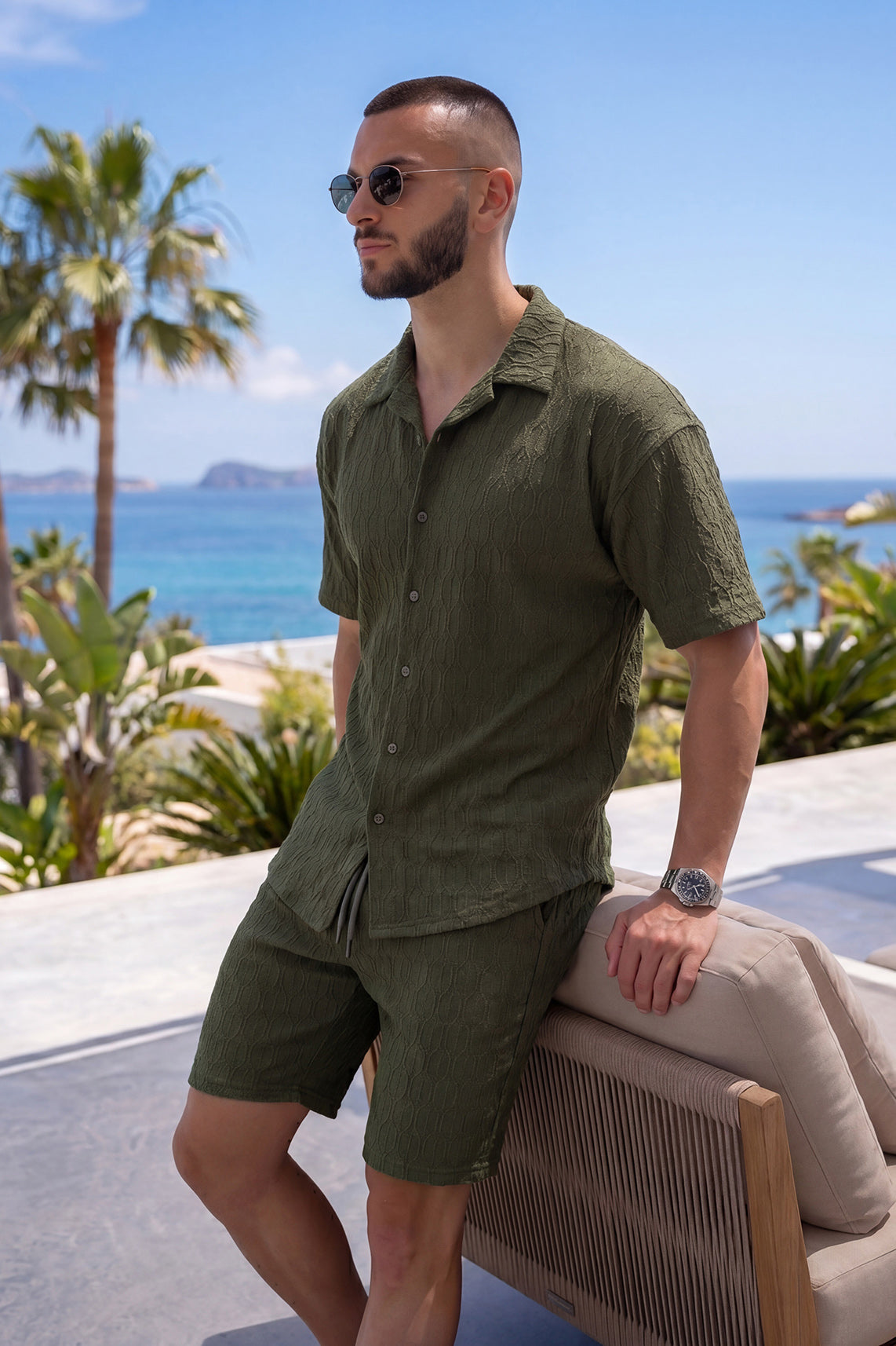 Men's Olive Jacquard Short Set