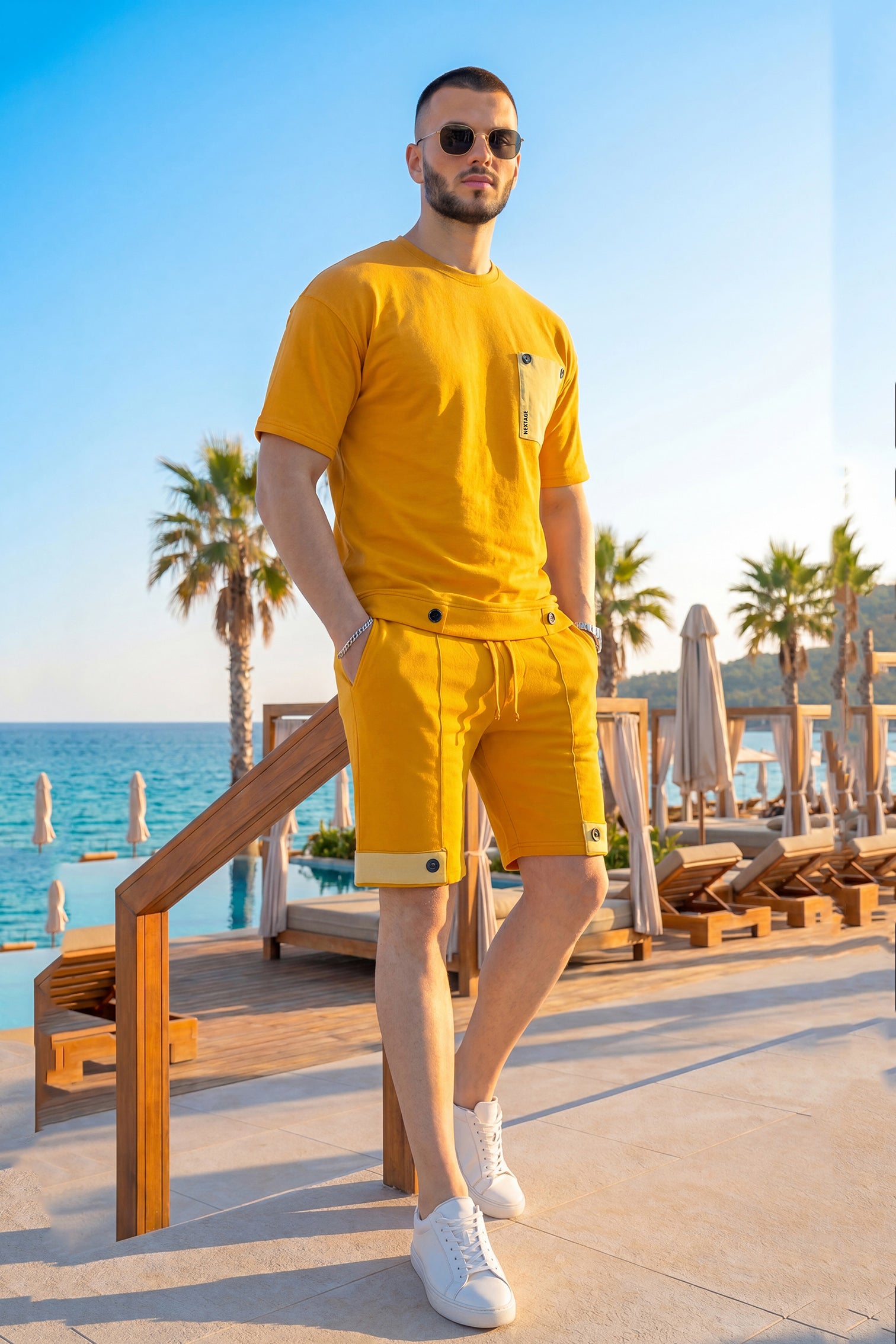 Nextage Mustard Yellow Contrast Pocket Short Set