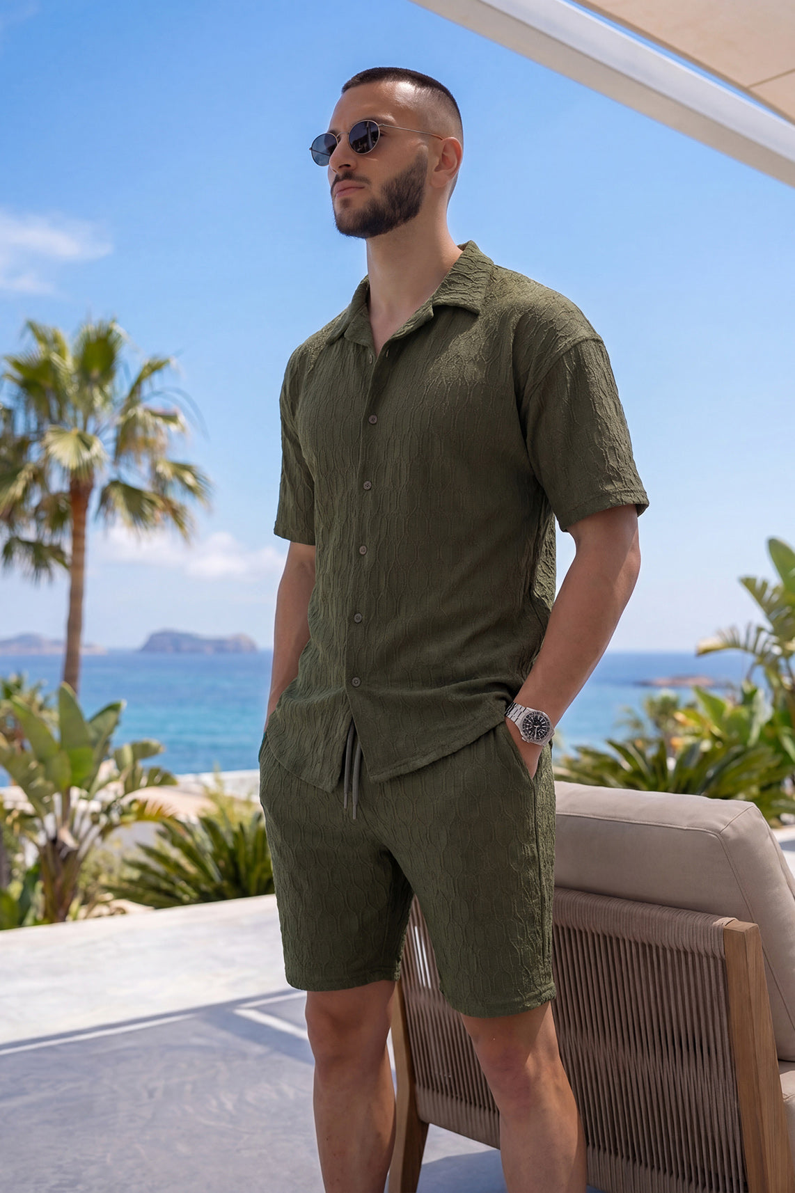 Men's Olive Jacquard Short Set