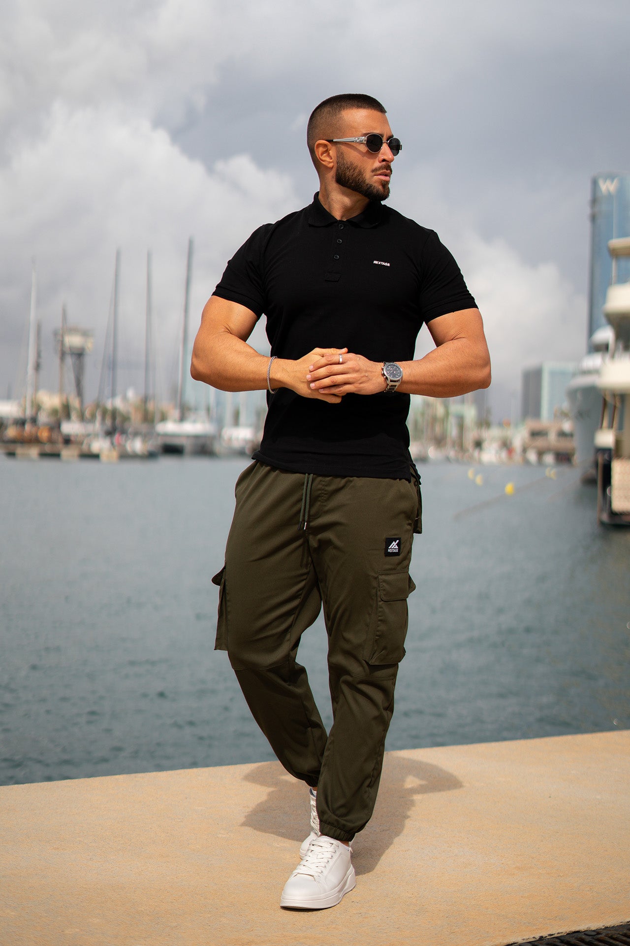 Nextage Olive Cargo Premium Black Polo Co-Ord Set