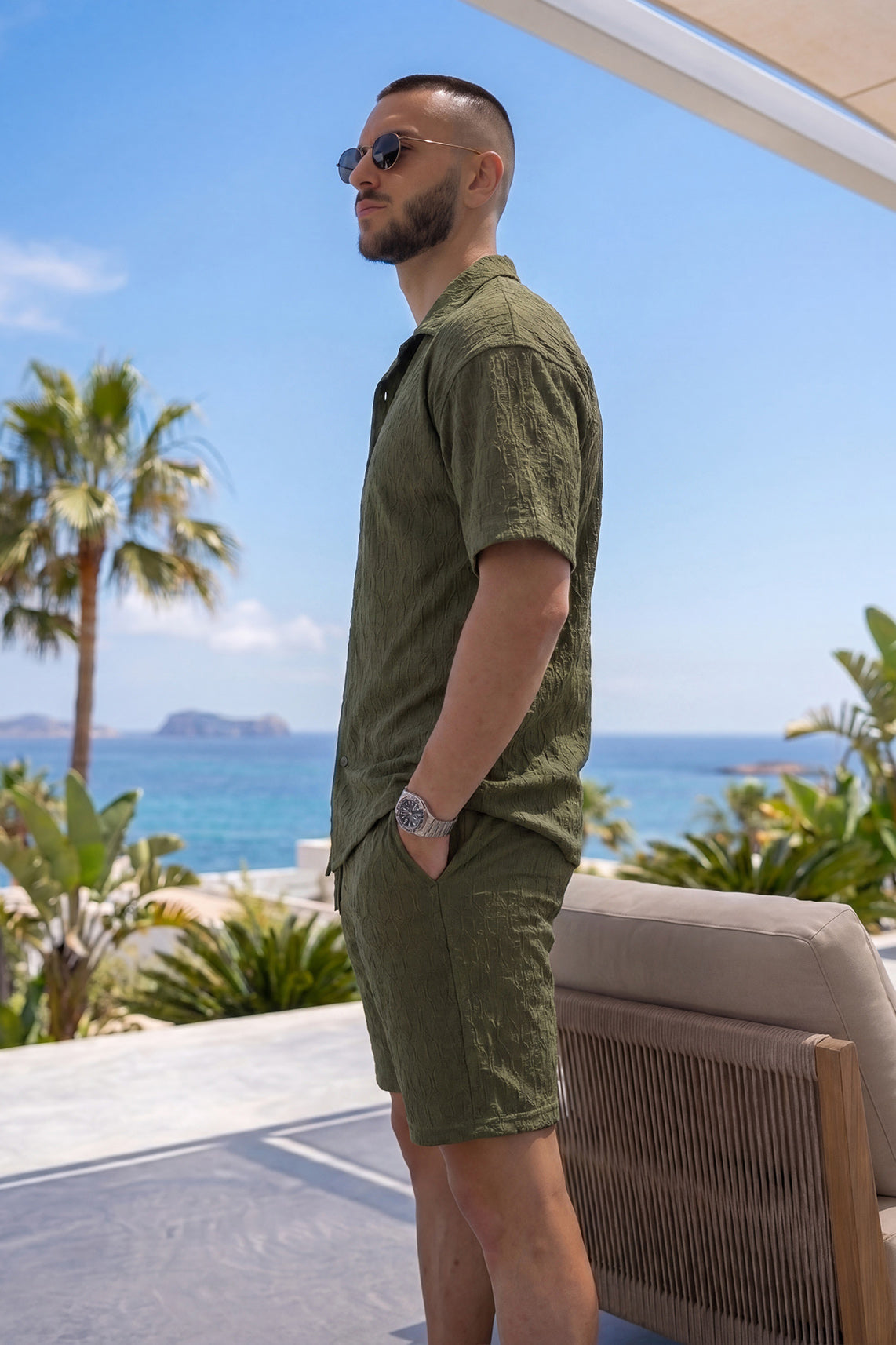 Men's Olive Jacquard Short Set