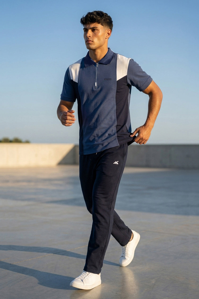 Navy Color Block Zip Neck Polo Tracksuit