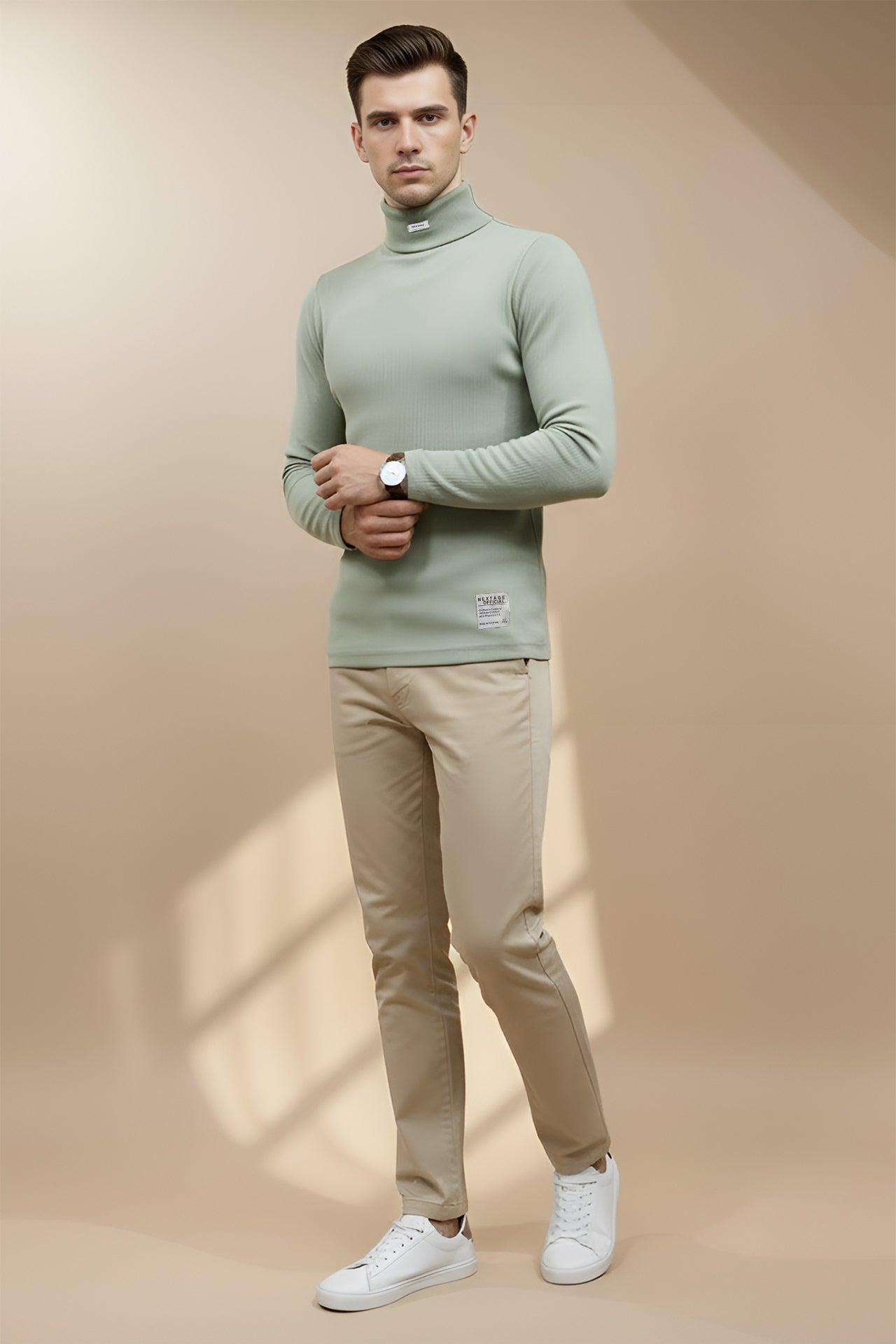 Nextage Sage Green Ribbed High Neck Shirt