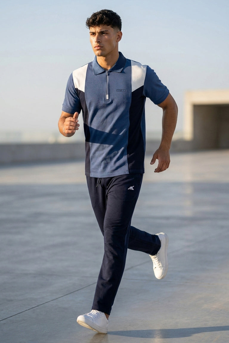 Navy Color Block Zip Neck Polo Tracksuit