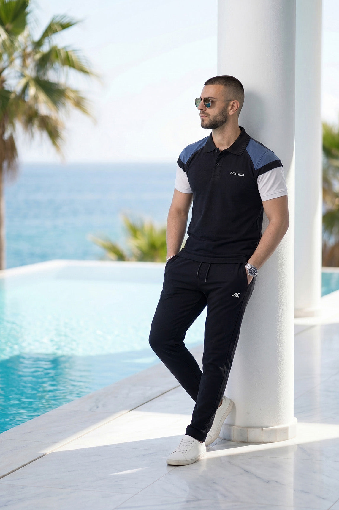 Black Navy Contrast Polo Summer Tracksuit