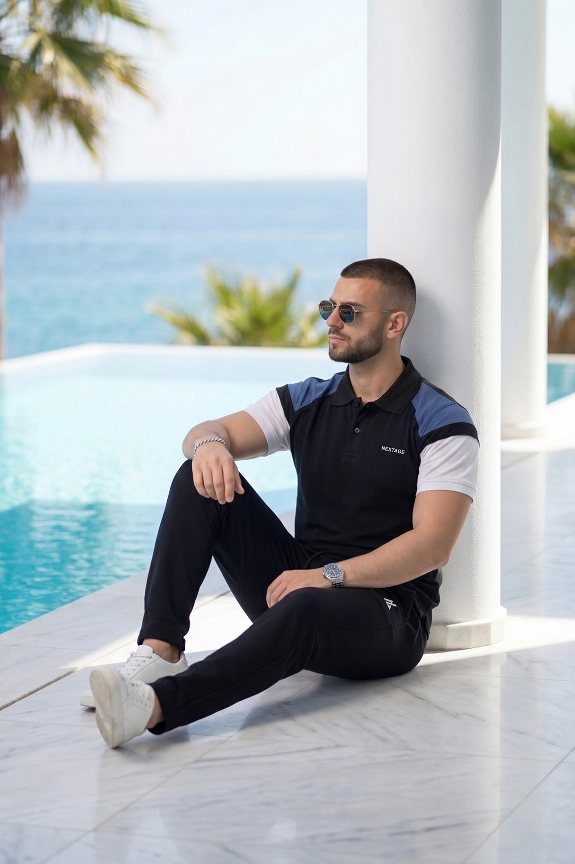 Black Navy Contrast Polo Summer Tracksuit