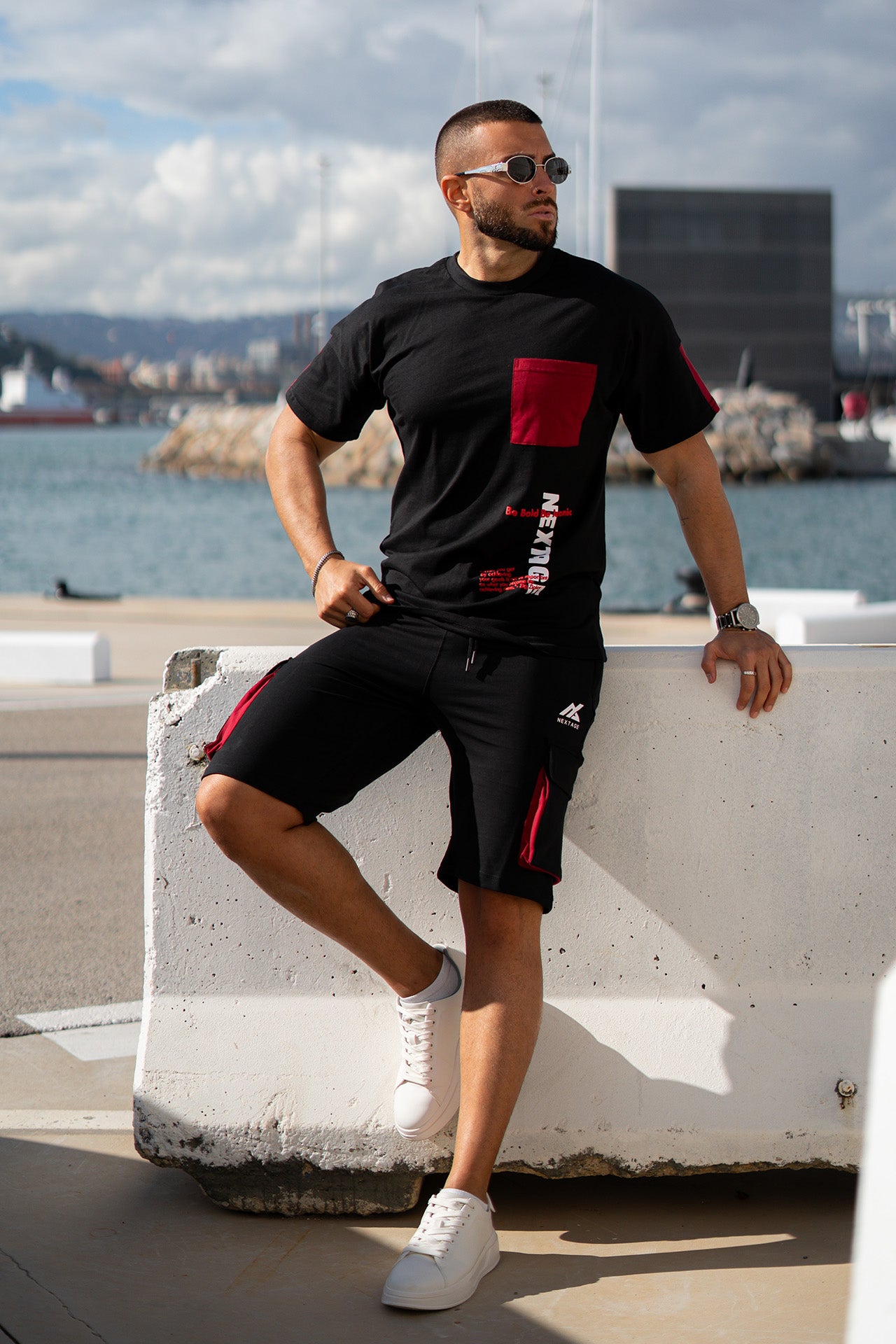 Nextage Black Contras Puff Print Short Set