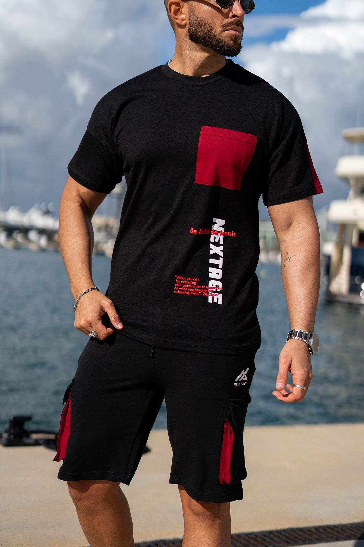 Nextage Black Contras Puff Print Short Set