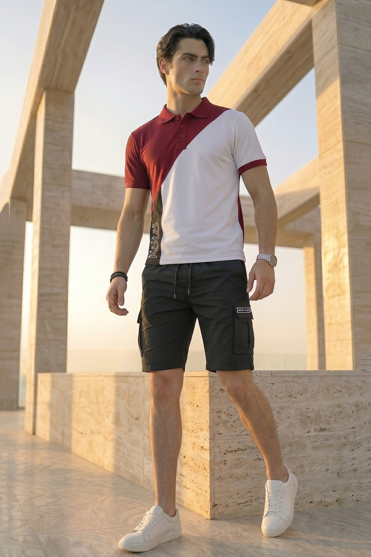 Nextage Contrast Pique Polo Cargo Short Set