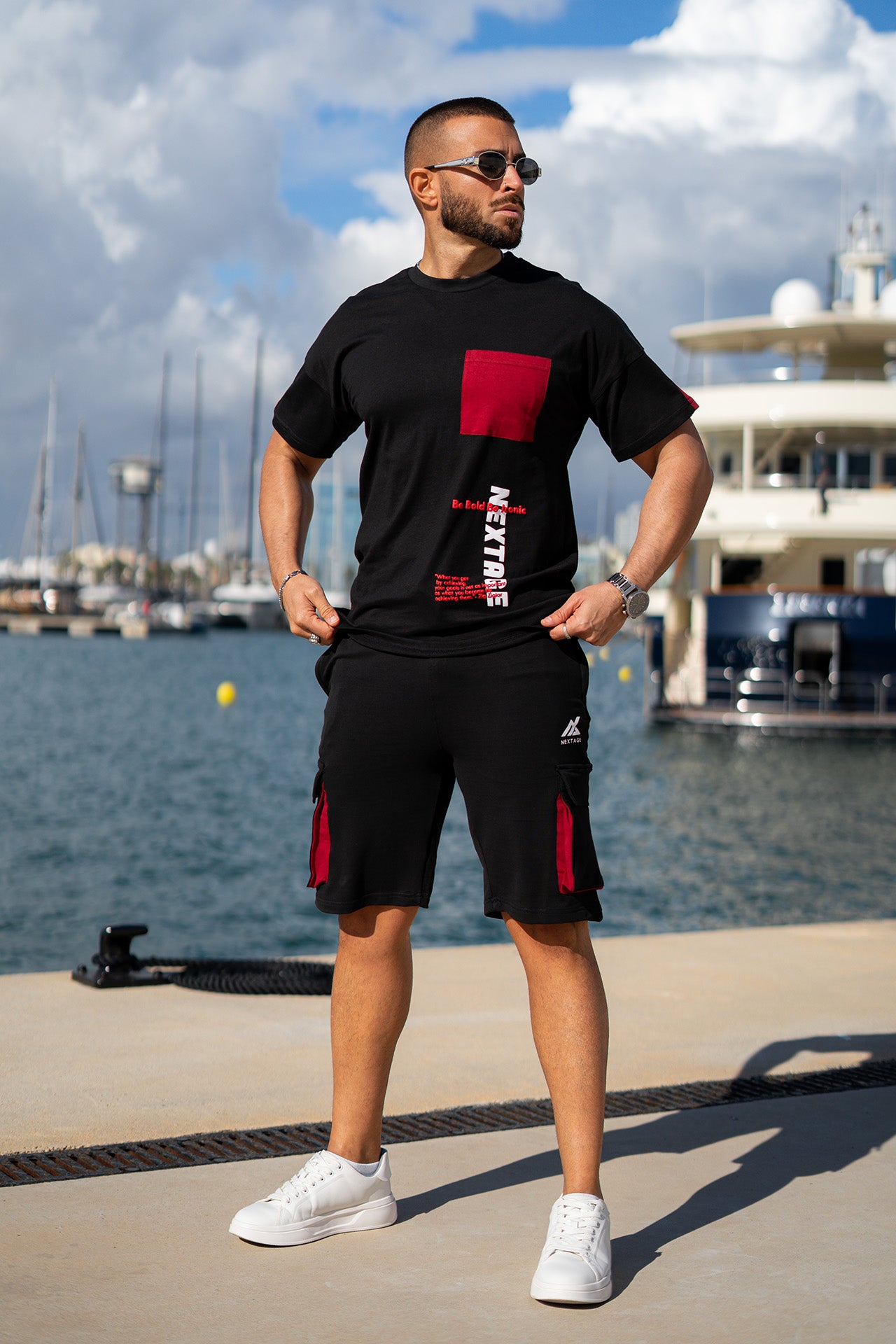 Nextage Black Contras Puff Print Short Set