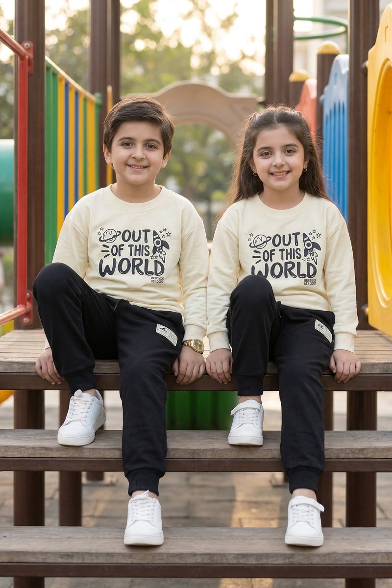 Nextage Kids Black Cream Printed Tracksuit