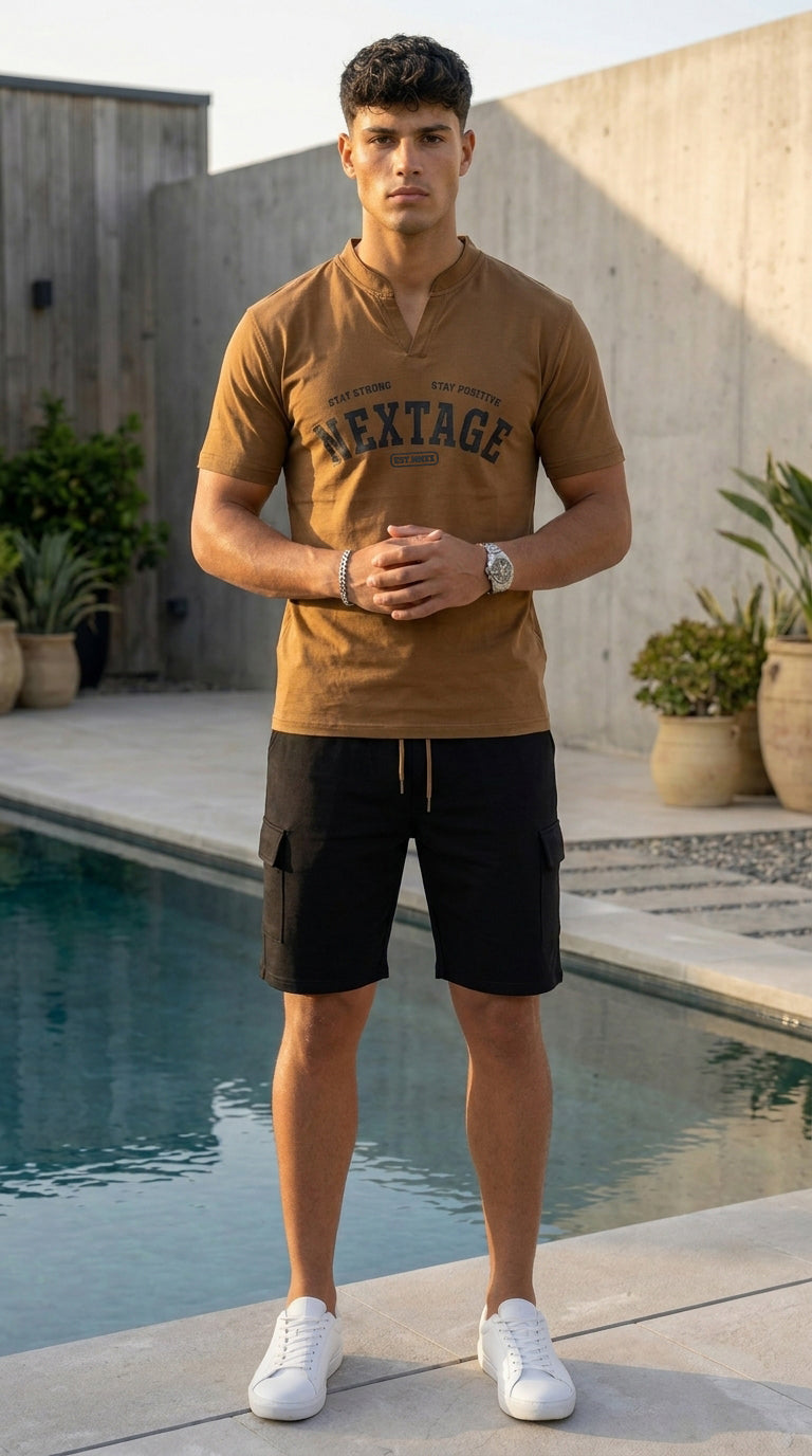 Nextage Mocha Black Cargo Short Set