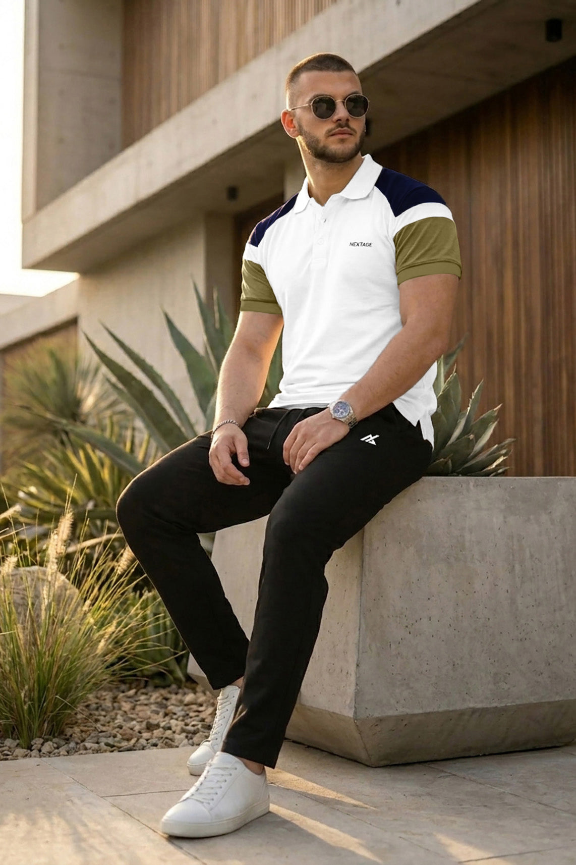 White Color Block Polo with Black Trouser