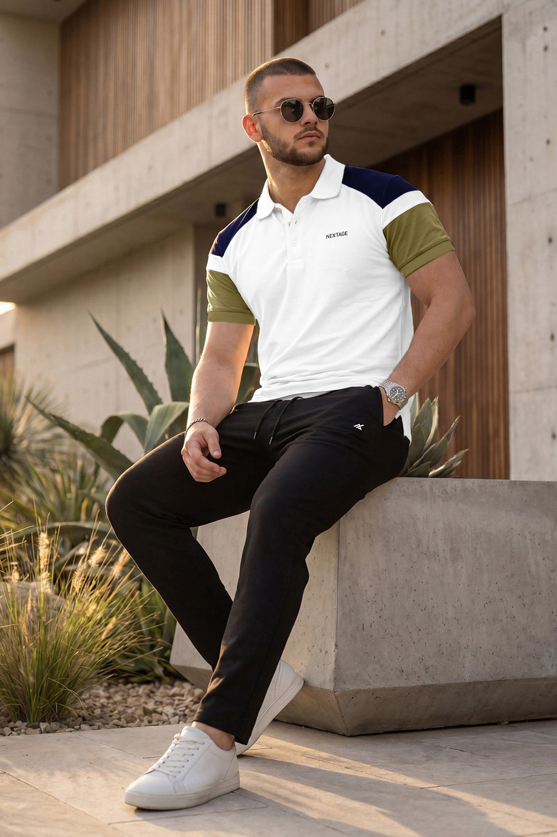 White Color Block Polo with Black Trouser
