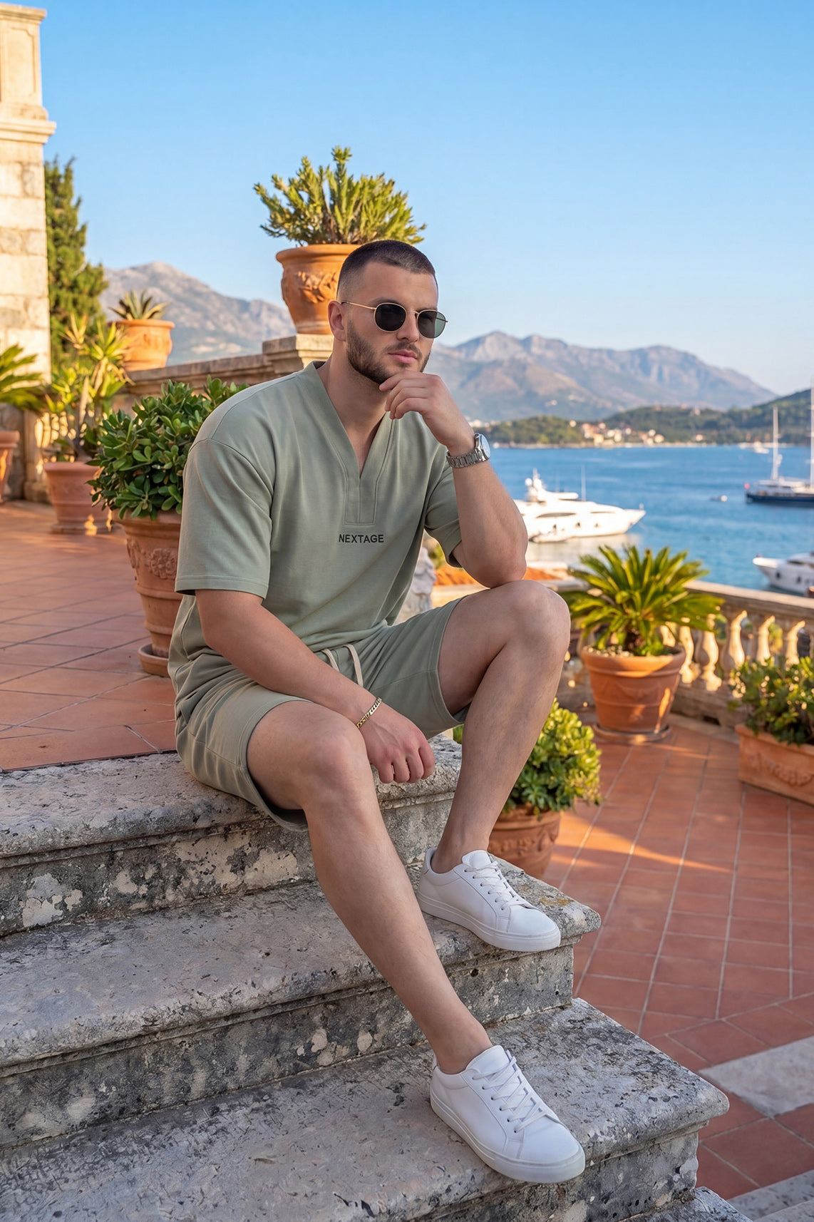 Nextage Sage Green Notch Neck Short Set
