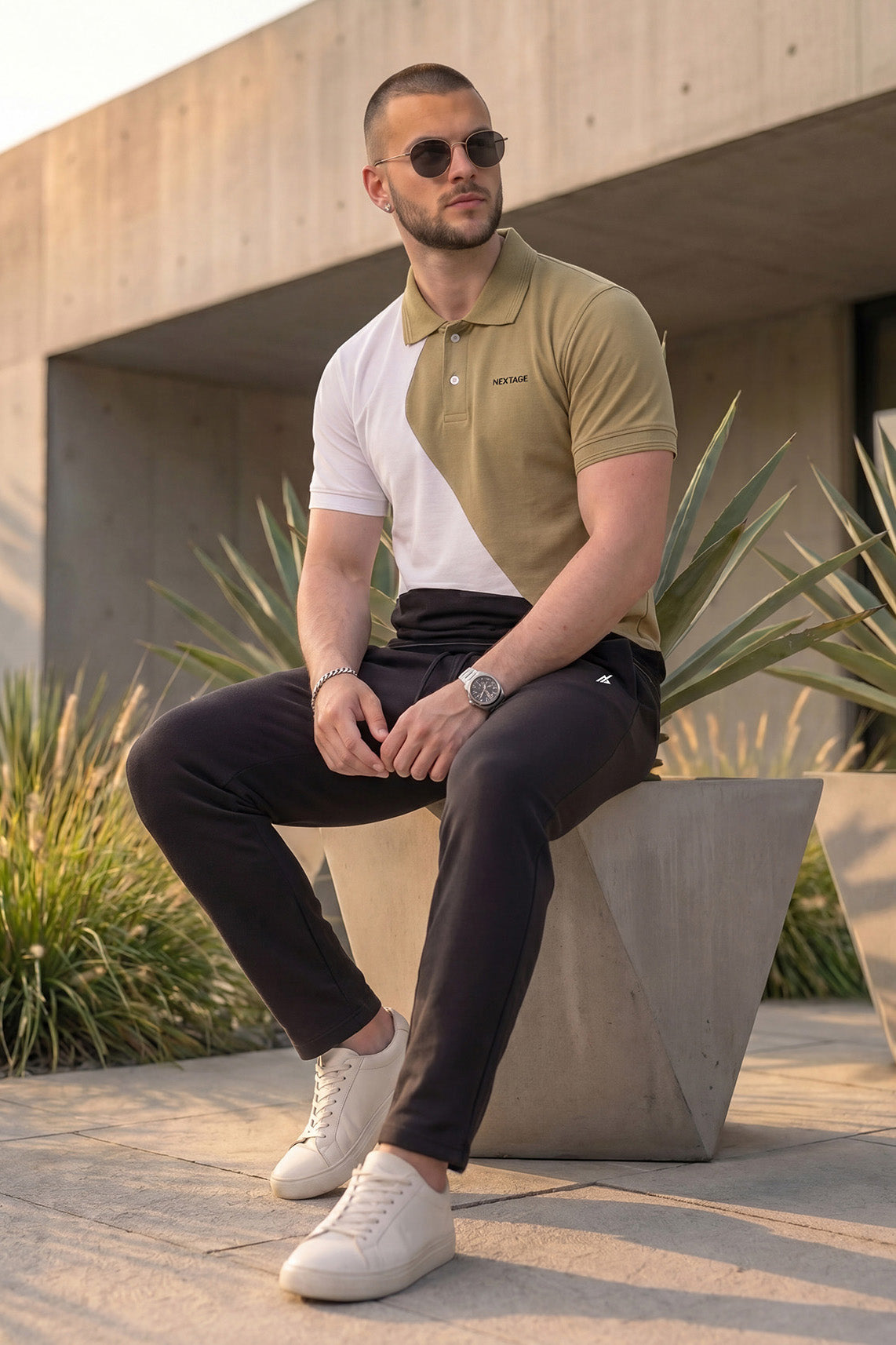 Khaki and Black Pique Polo Cotton Tracksuit