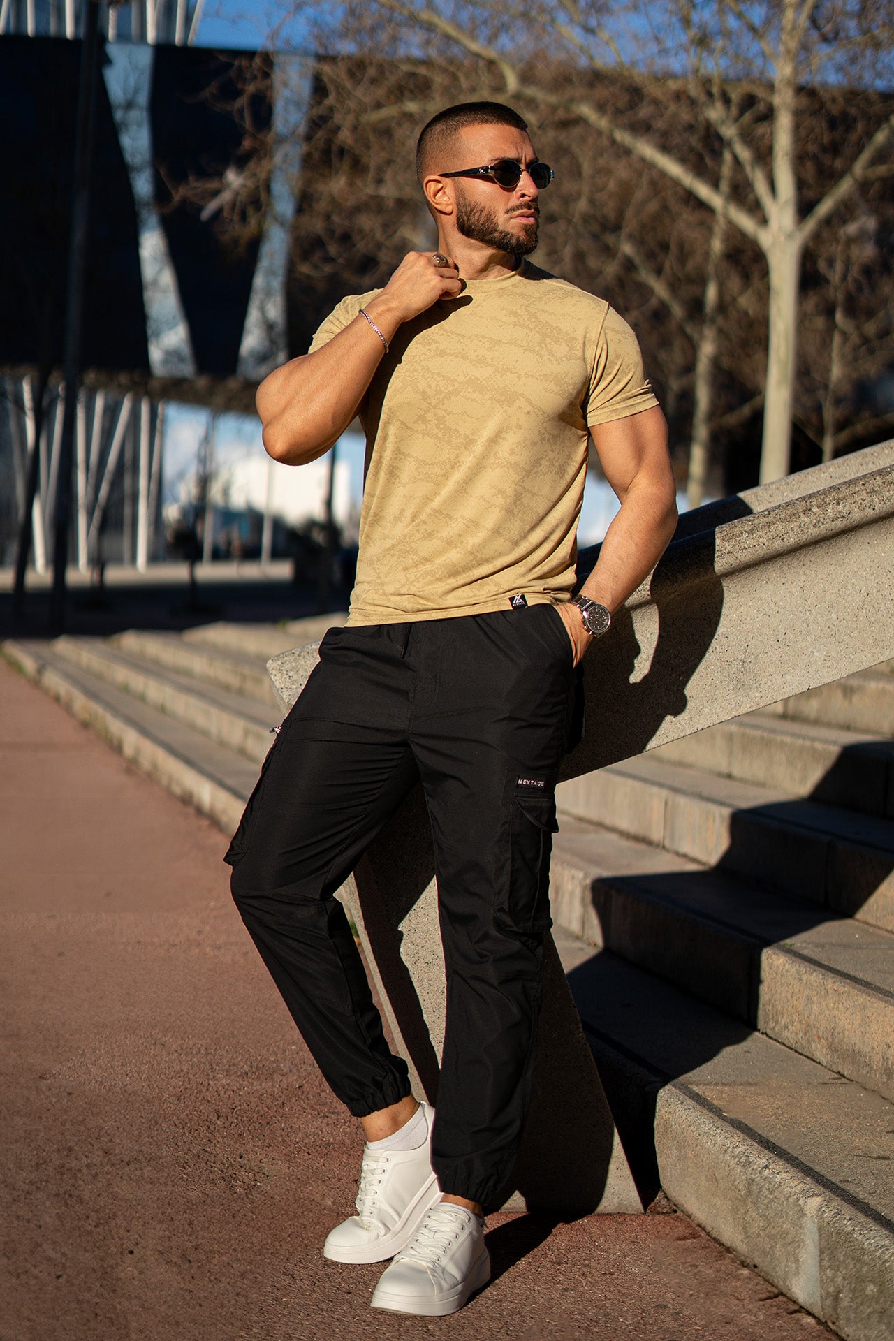 Nextage Black Cargo Premium Beige T-Shirt Co-Ord Set