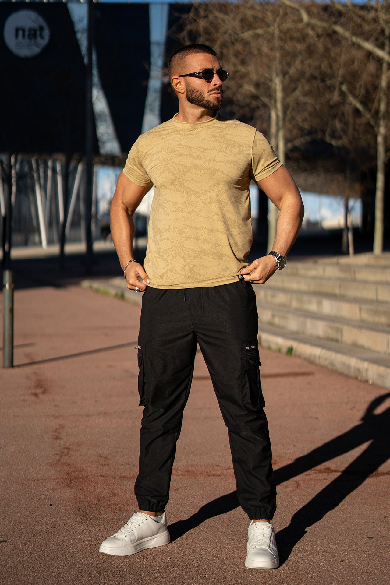 Nextage Black Cargo Premium Beige T-Shirt Co-Ord Set