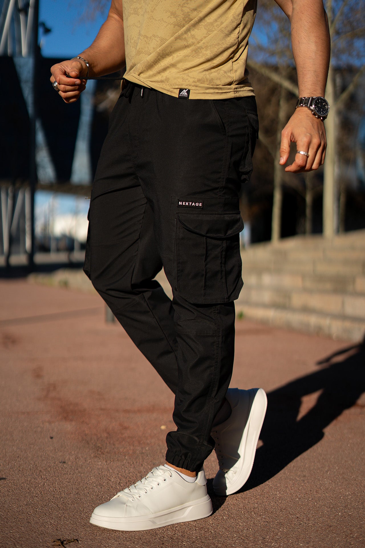 Nextage Black Cargo Premium Beige T-Shirt Co-Ord Set