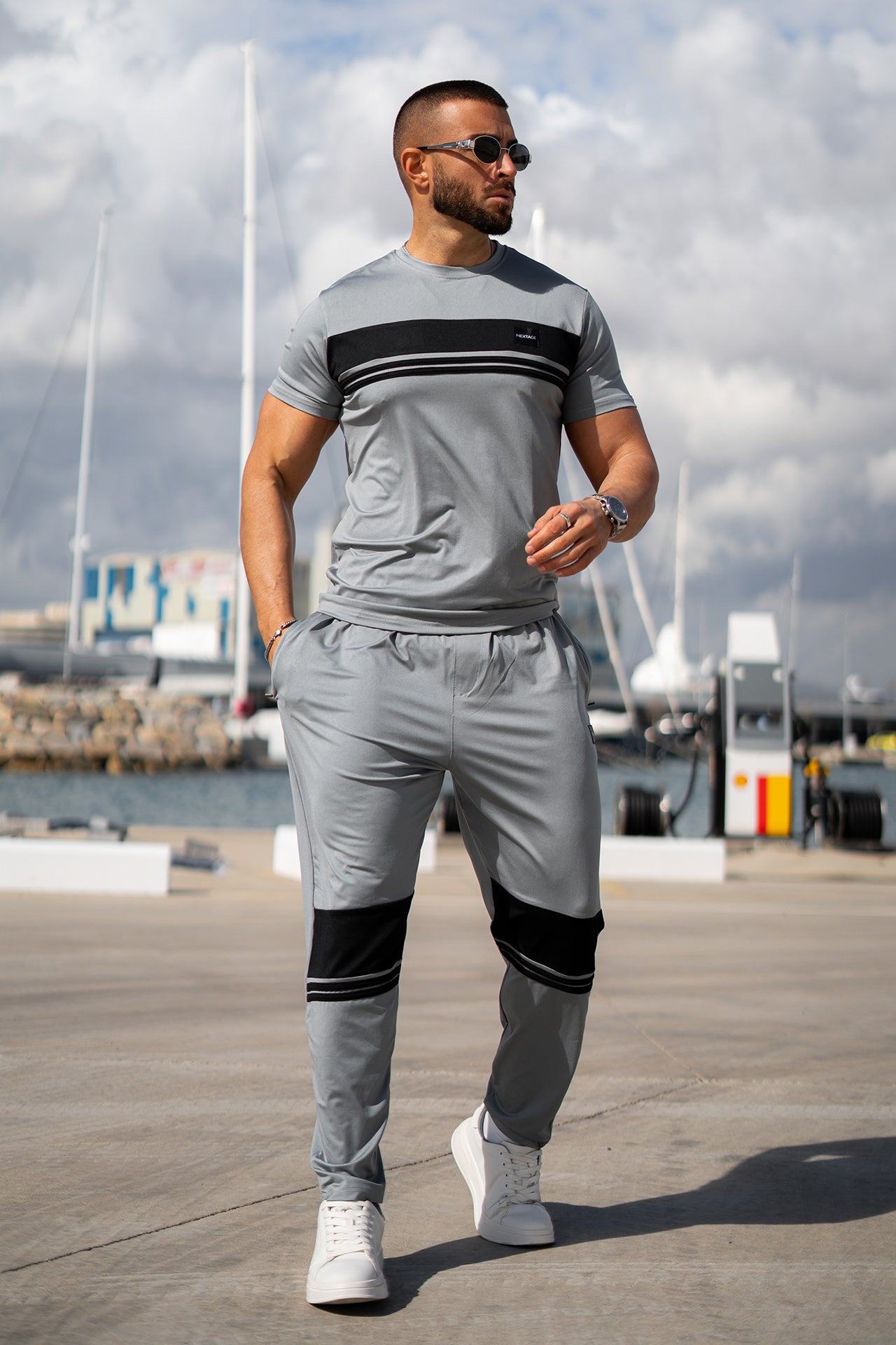 Nextage Silver Stripes Leather Slogan Tracksuit