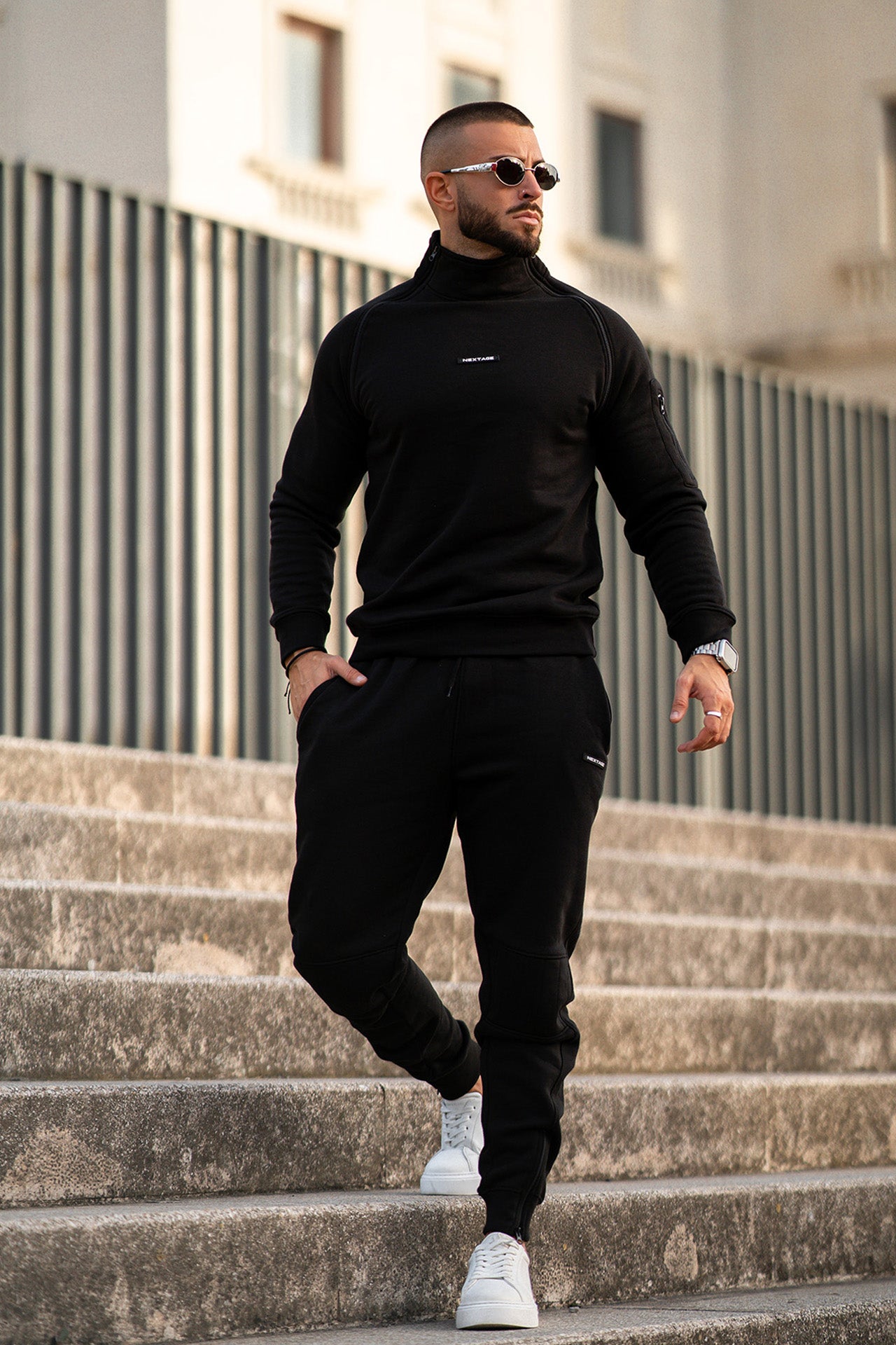 Nextage Black Zipper Detail Cotton Fleece Tracksuit