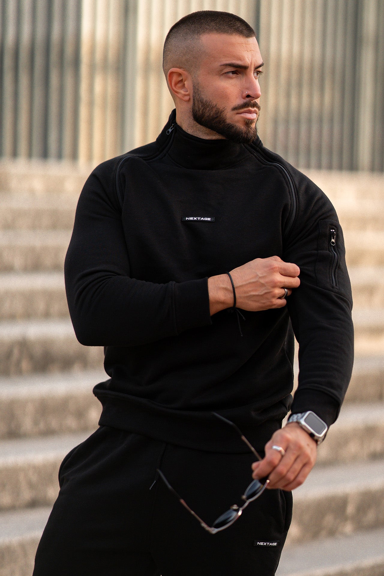Nextage Black Zipper Detail Cotton Fleece Tracksuit