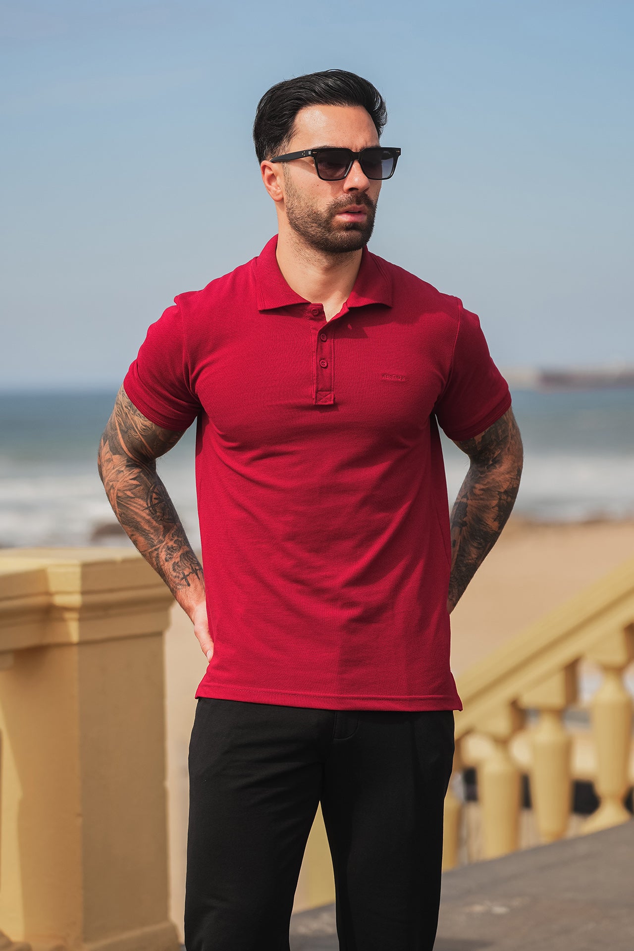 Nextage Oxblood Polo Contras Black Pant Trouser Co-Ord Set