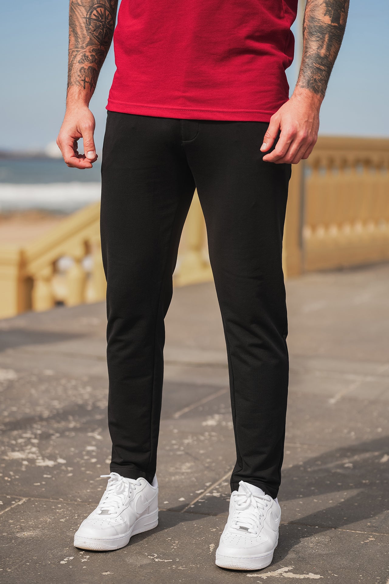 Nextage Oxblood Polo Contras Black Pant Trouser Co-Ord Set