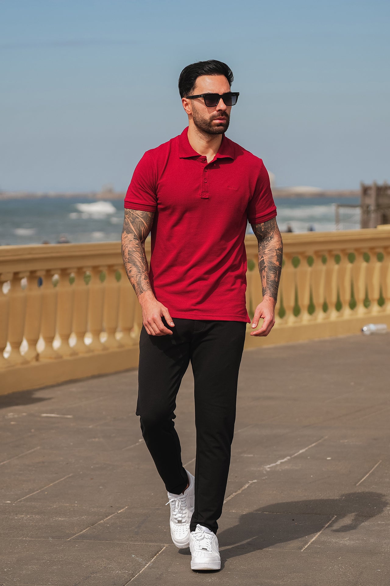 Nextage Oxblood Polo Contras Black Pant Trouser Co-Ord Set