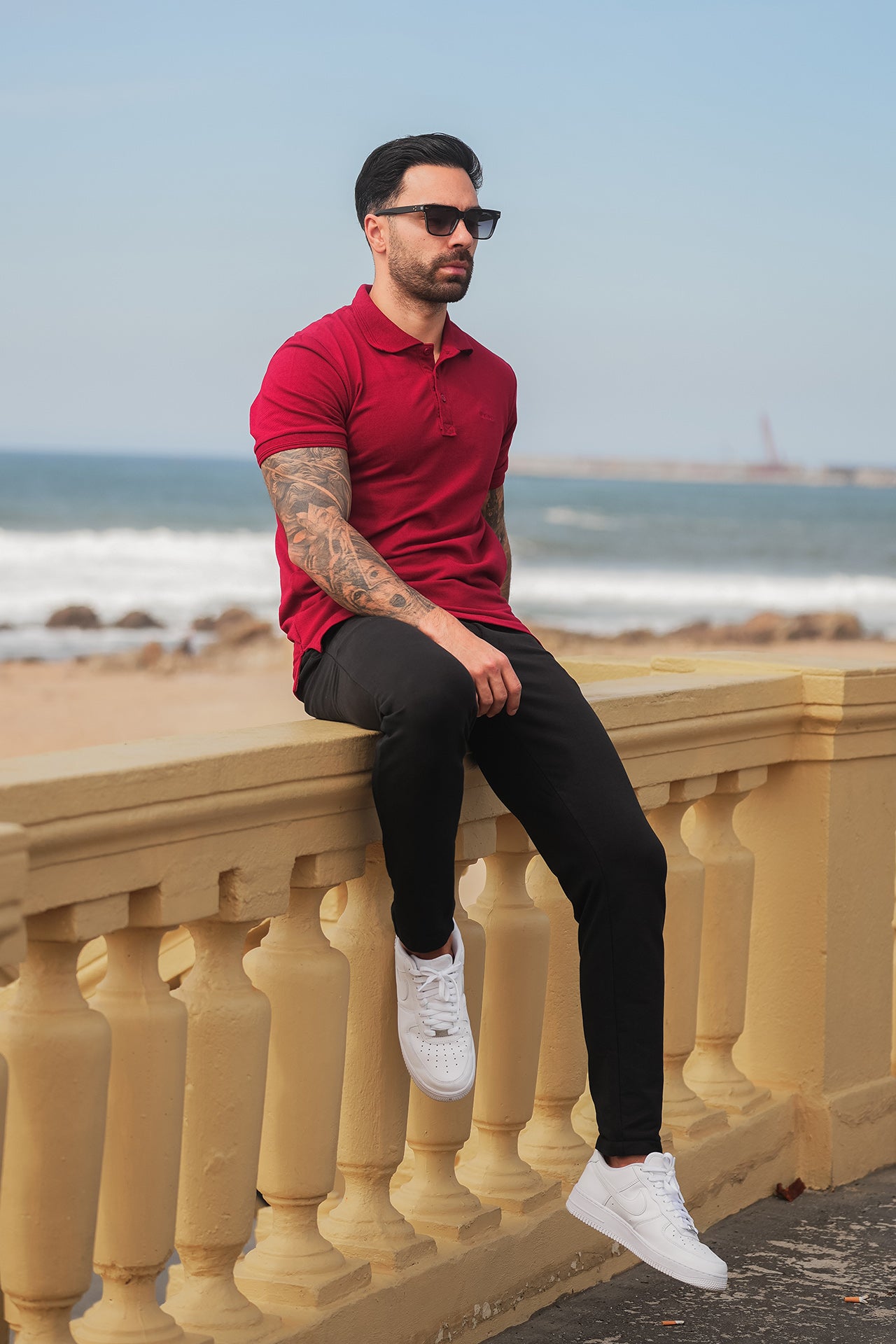 Nextage Oxblood Polo Contras Black Pant Trouser Co-Ord Set