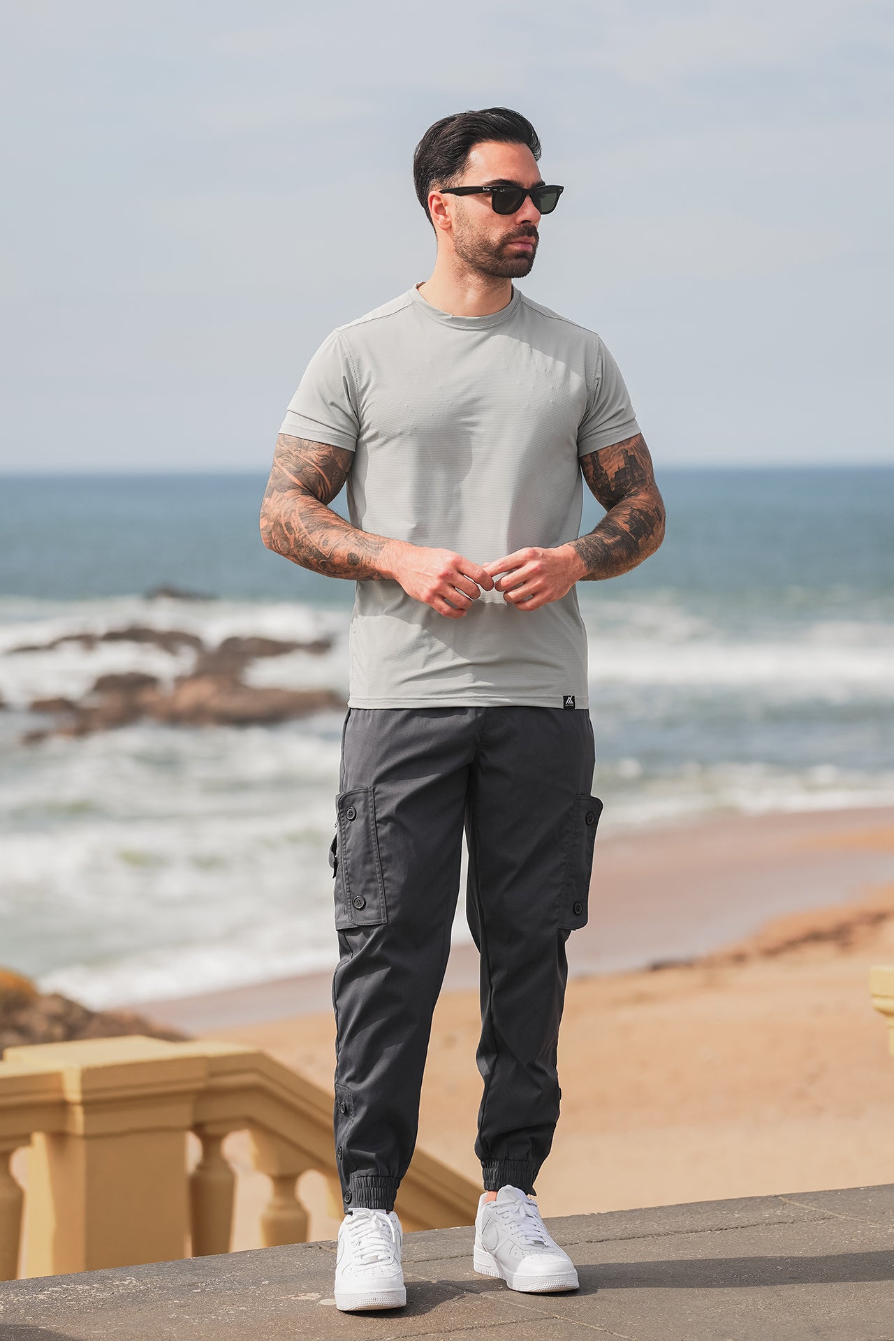 Nextage Grey Premium T-Shirt & Multi Pockets Cargo Trouser Set