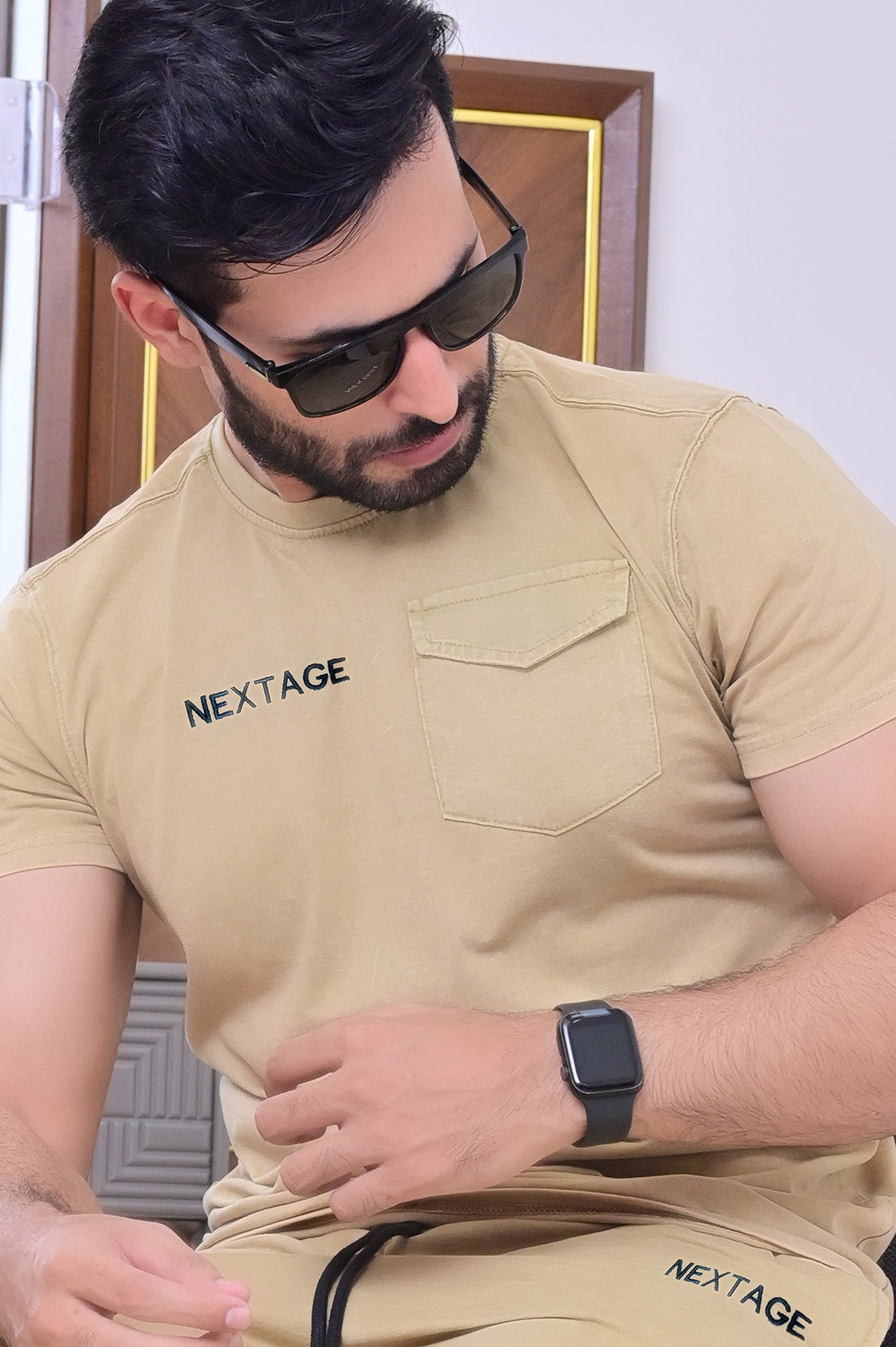 KHAKI ACID WASH NEXTAGE EMBROIDERED SLOGAN SHIRT