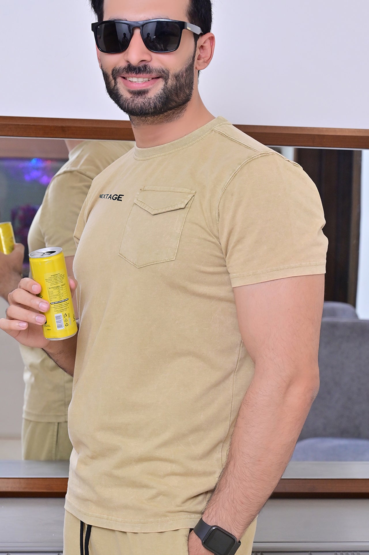 KHAKI ACID WASH NEXTAGE EMBROIDERED SLOGAN SHIRT