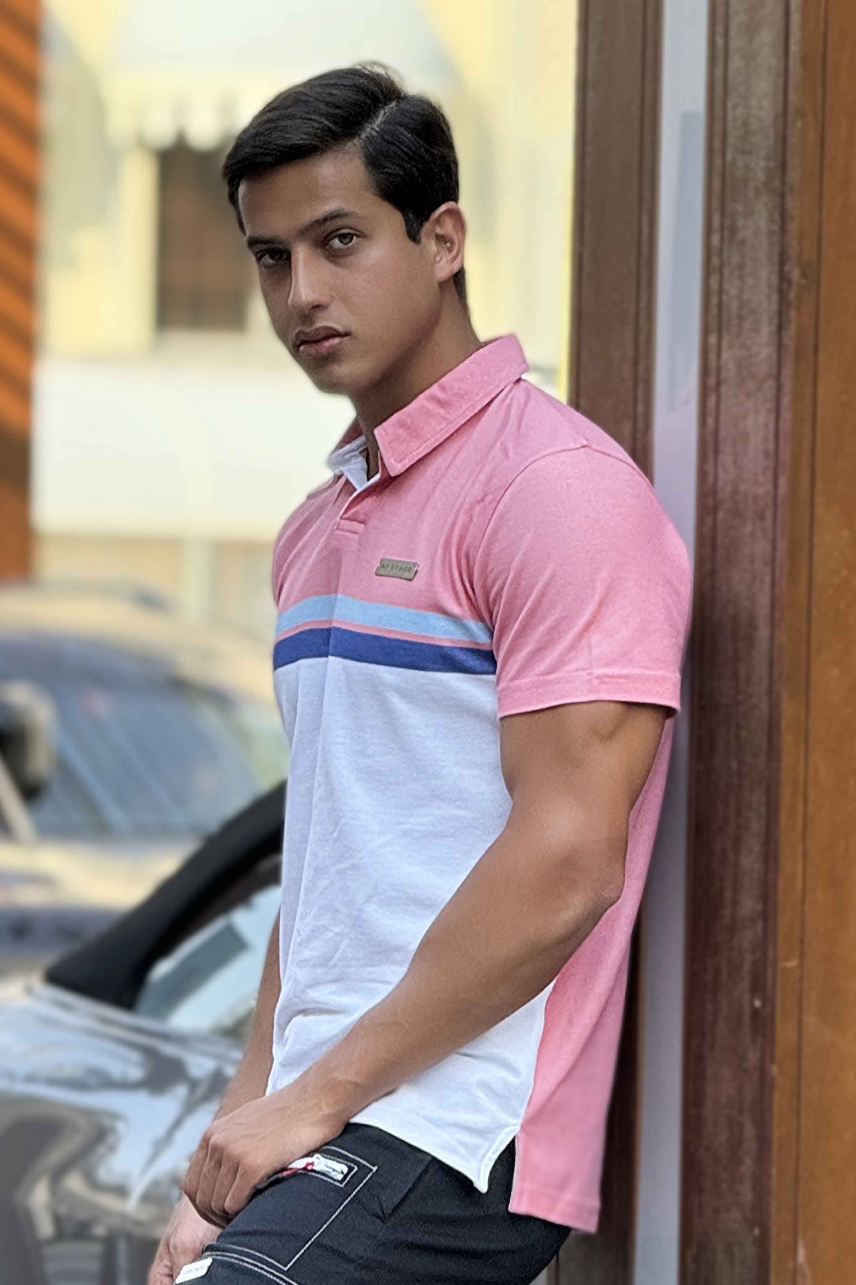 Nextage Pink Dyed Stripe Polo Cargo Shirt