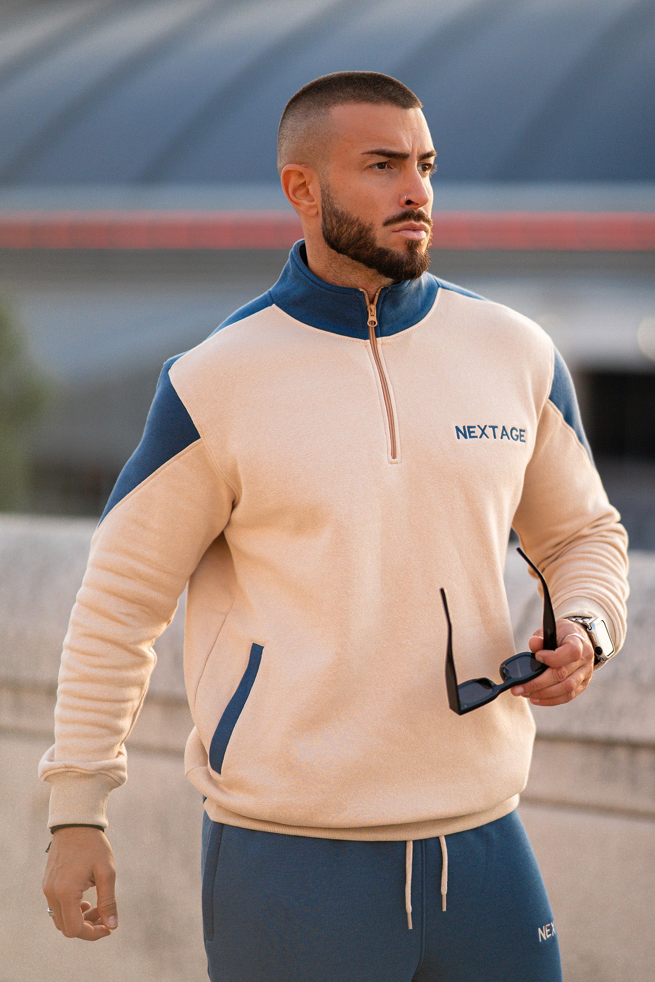 Nextage Oatmeal Quarter Zip Cotton Fleece Tracksuit