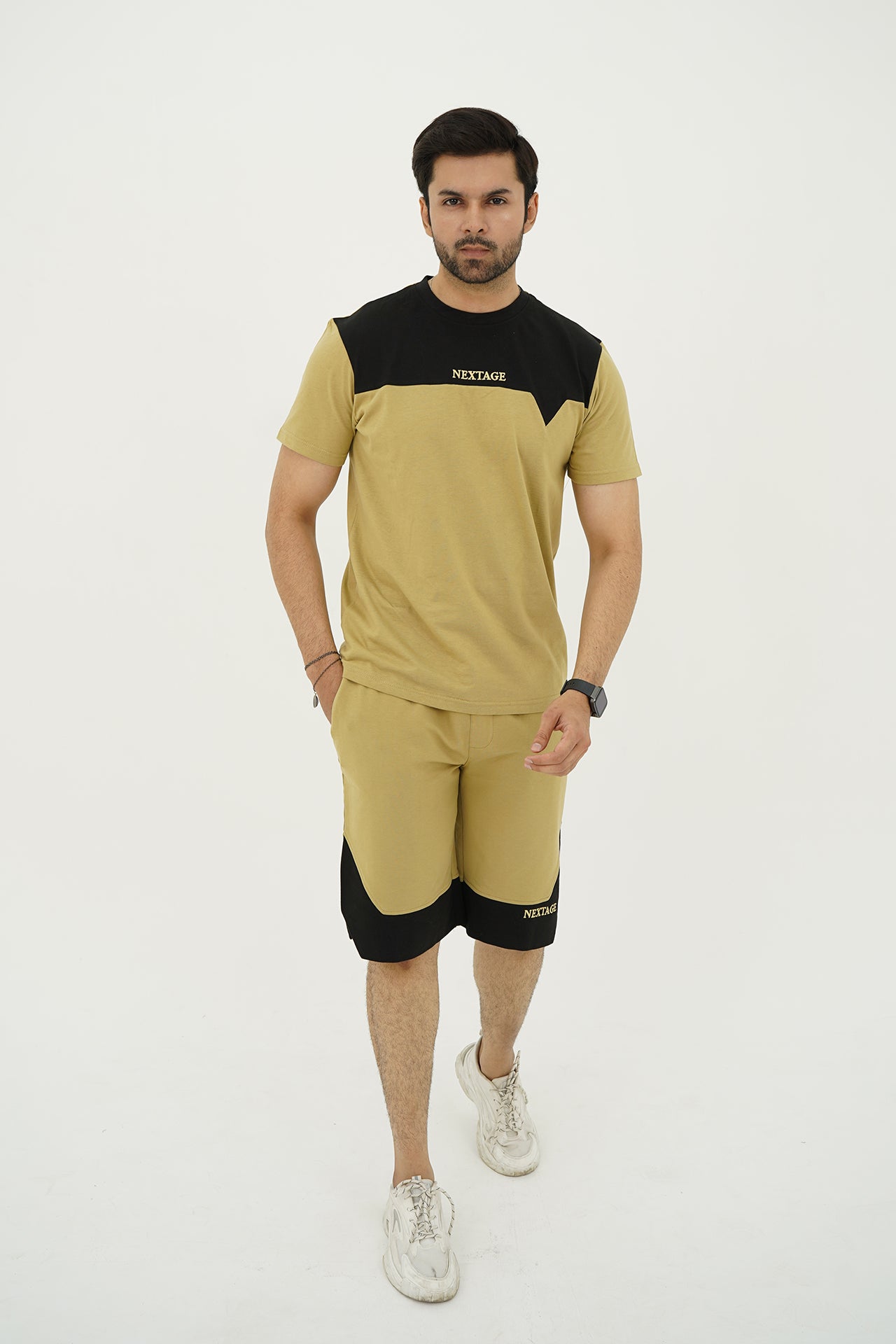Khaki Black Panel Short Set