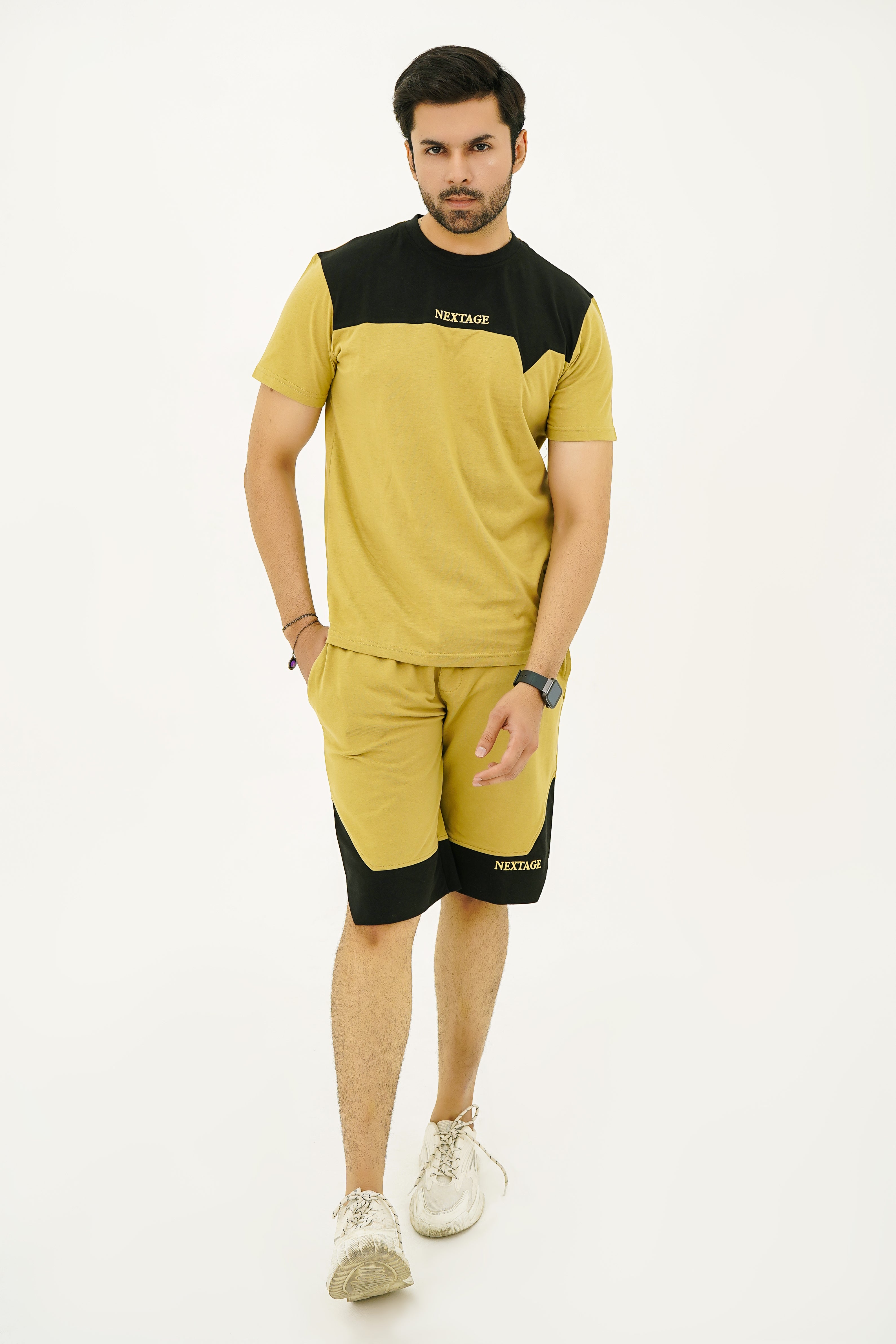 Khaki Black Panel Short Set