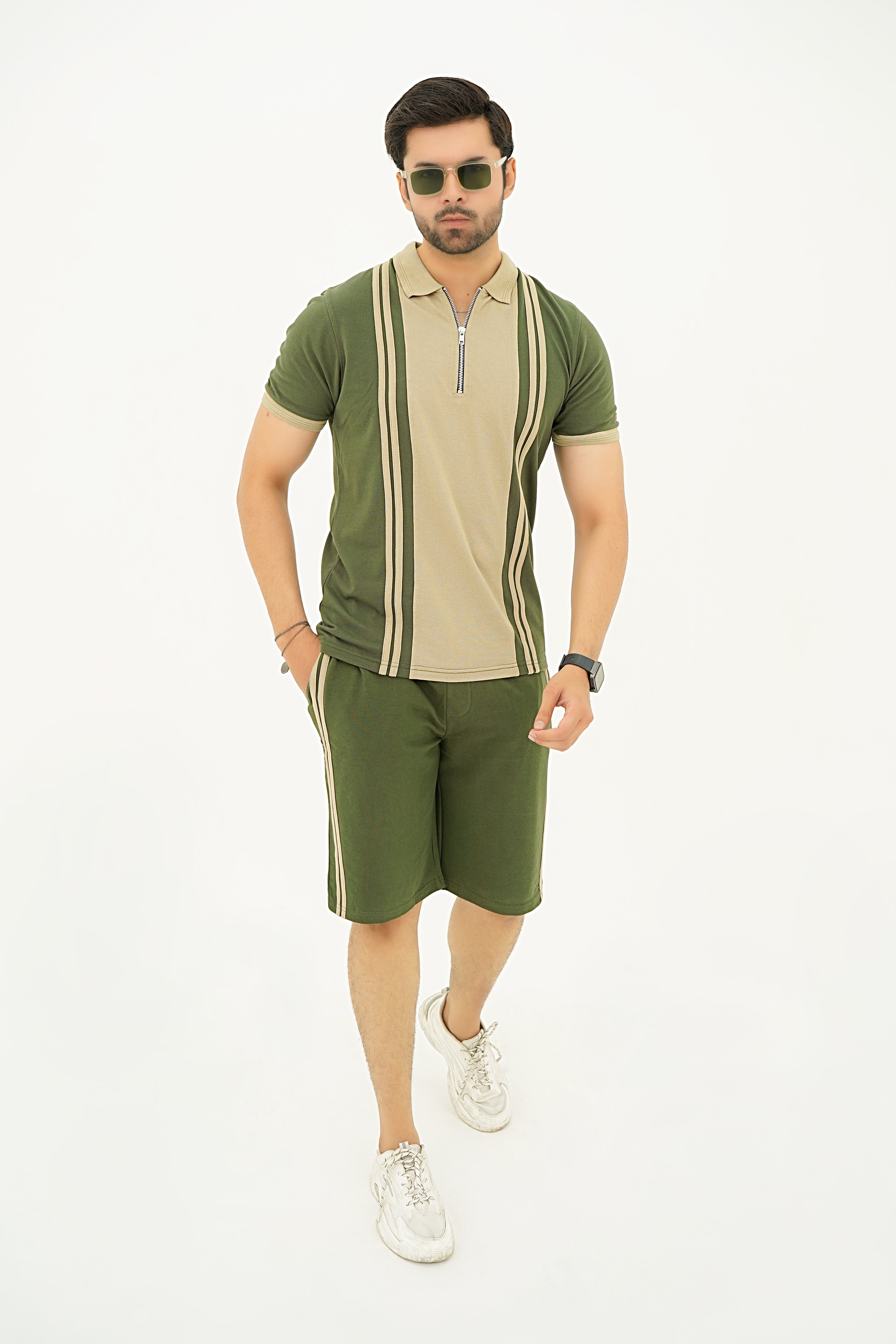 Green Striped Zip Polo Short Set