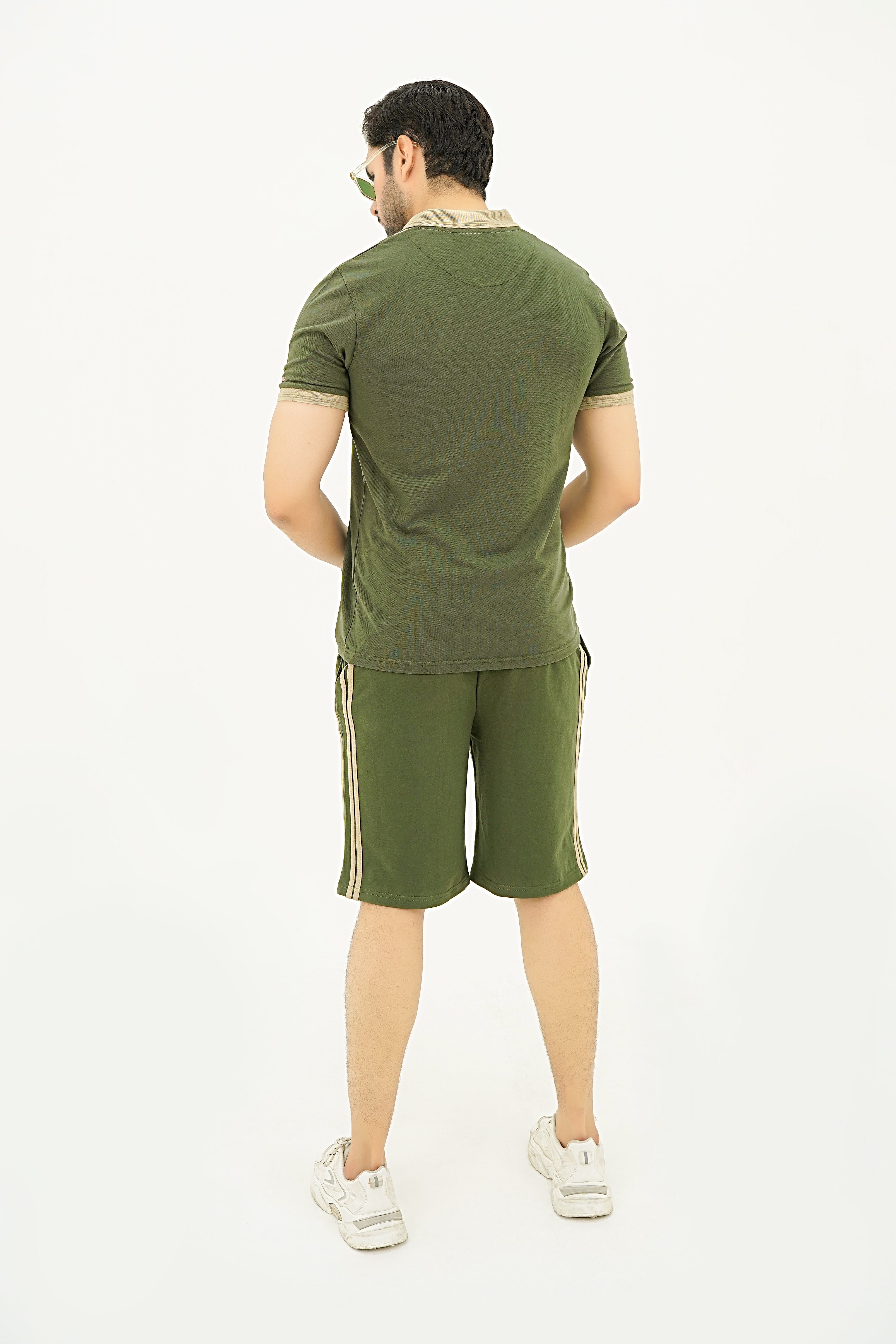 Green Striped Zip Polo Short Set