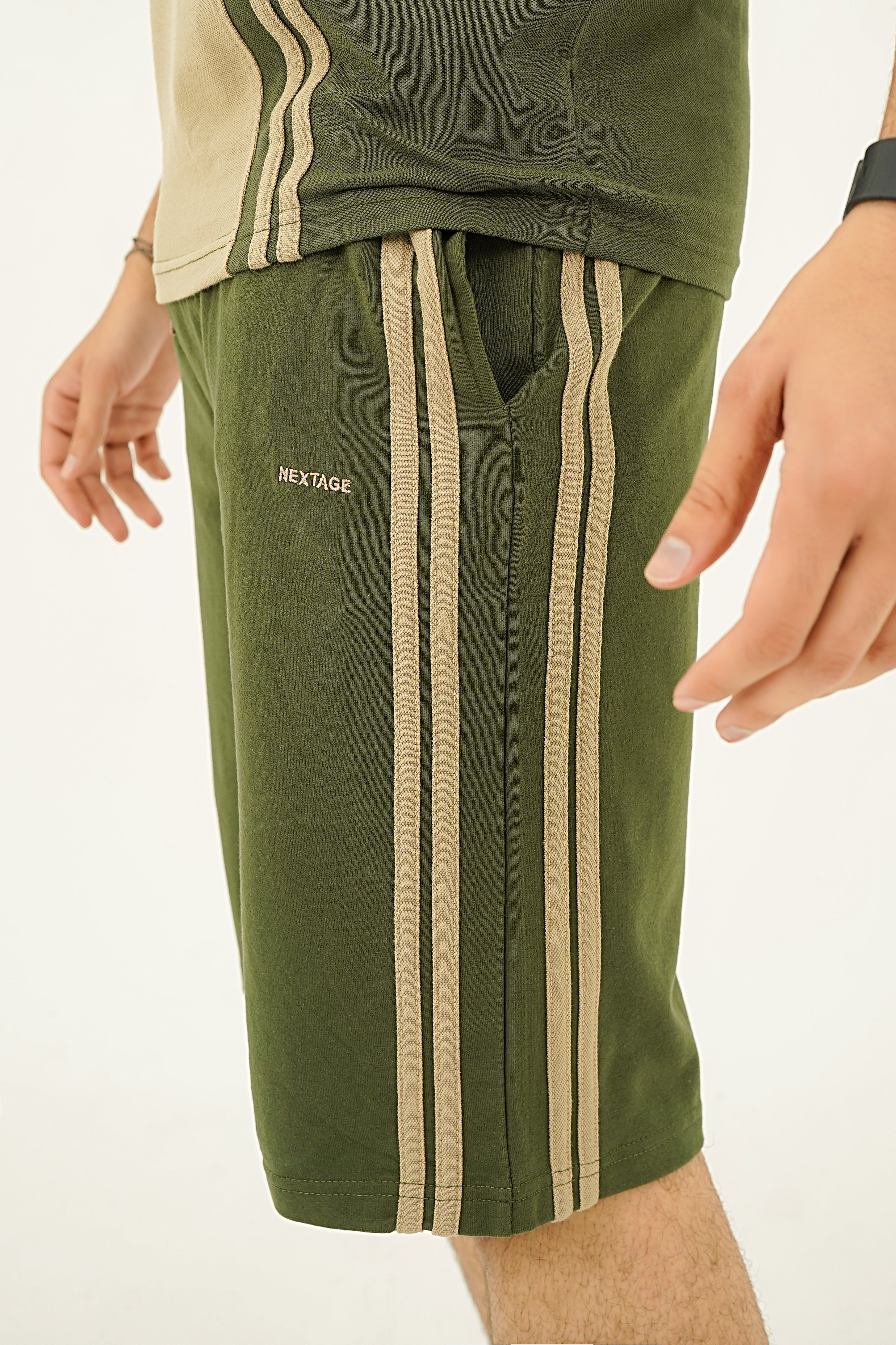 Green Striped Zip Polo Short Set