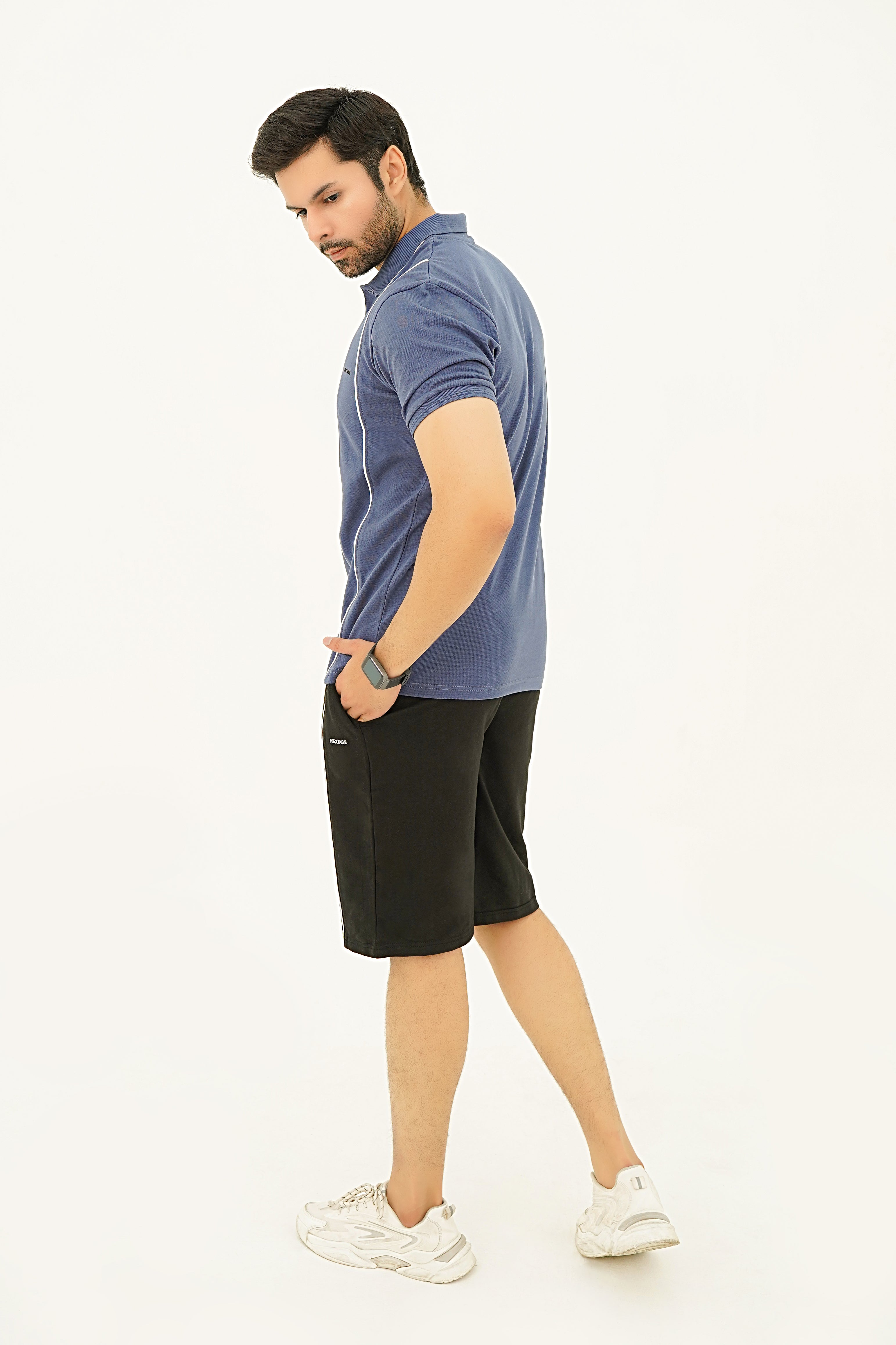 Nextage Navy Vertical Stripe Polo Shorts Set