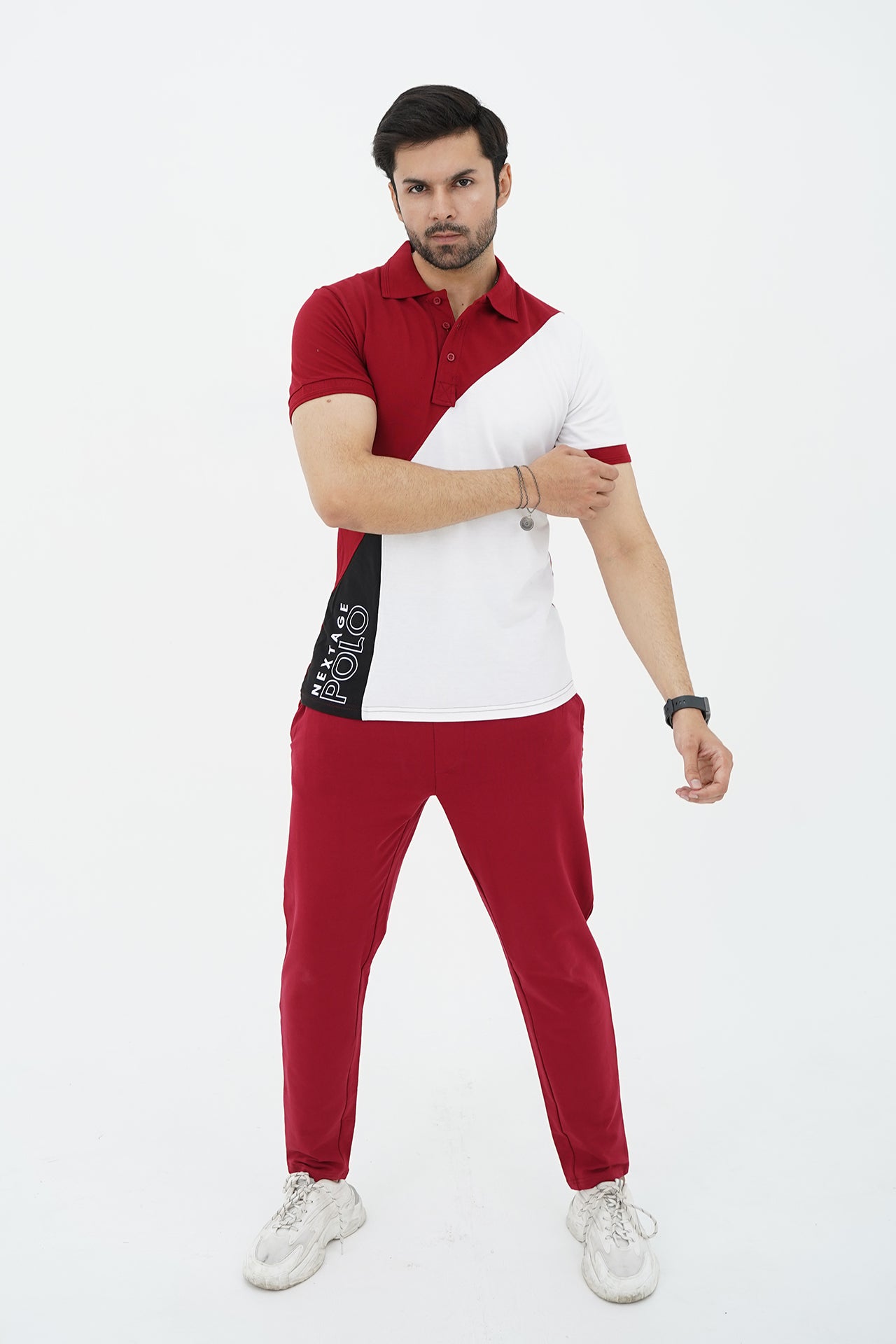 Nextage Printed Polo Maroon White Tracksuit