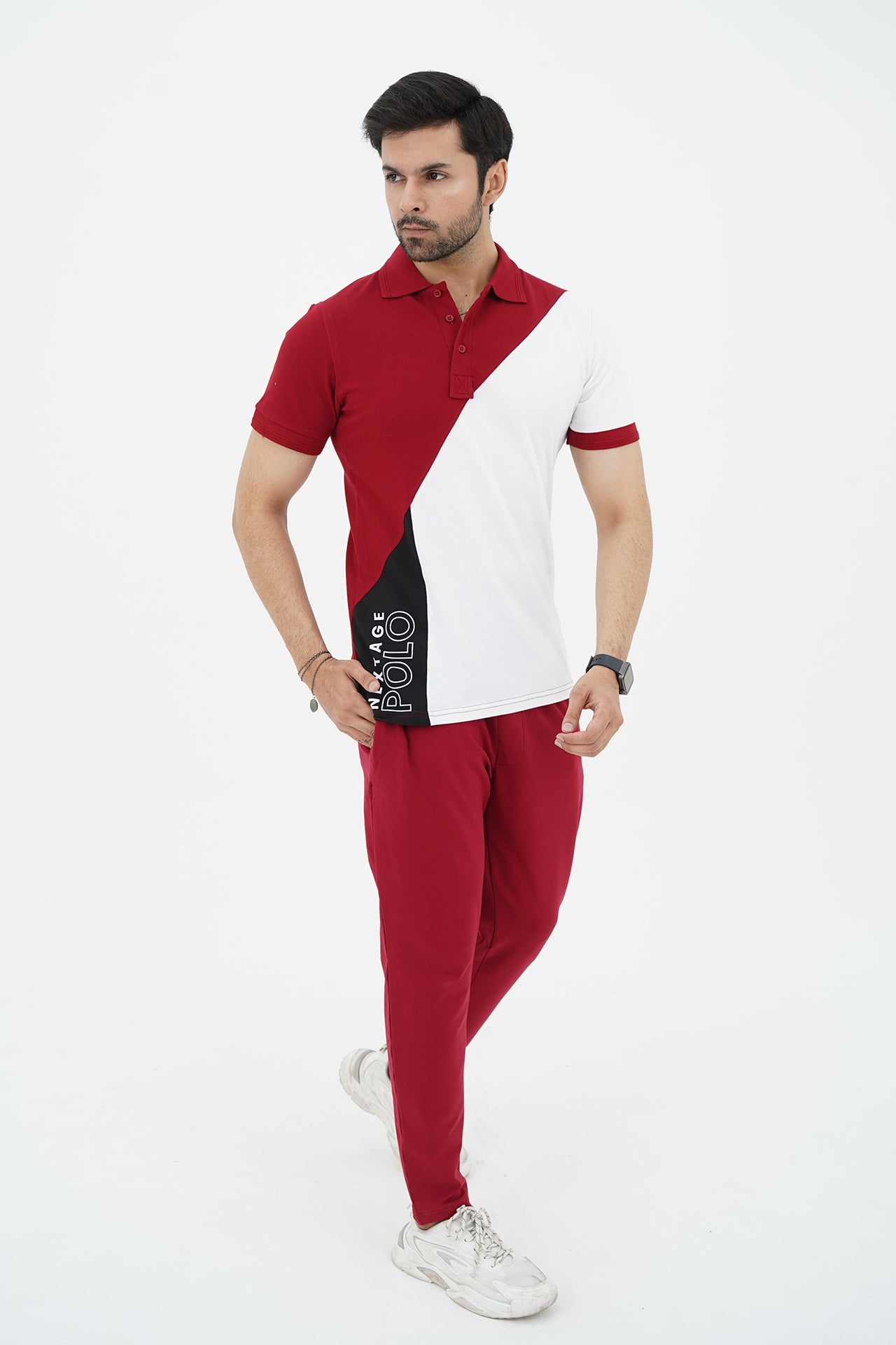 Nextage Printed Polo Maroon White Tracksuit